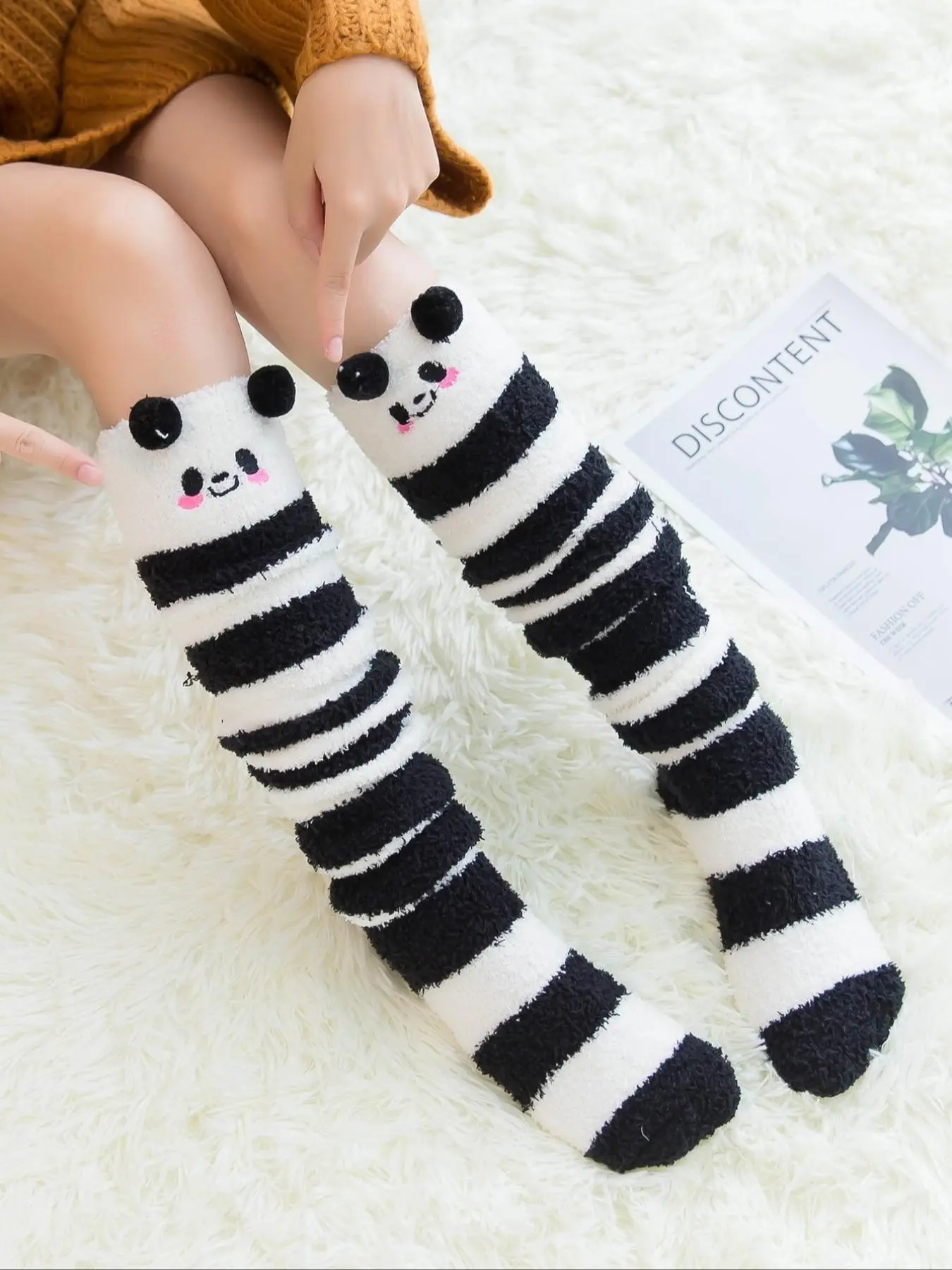 Women's Striped & Bear Print over the Knee Socks, Cute Cozy Warm Knee High Socks for Daily Home Wear, Women's Socks for Winter