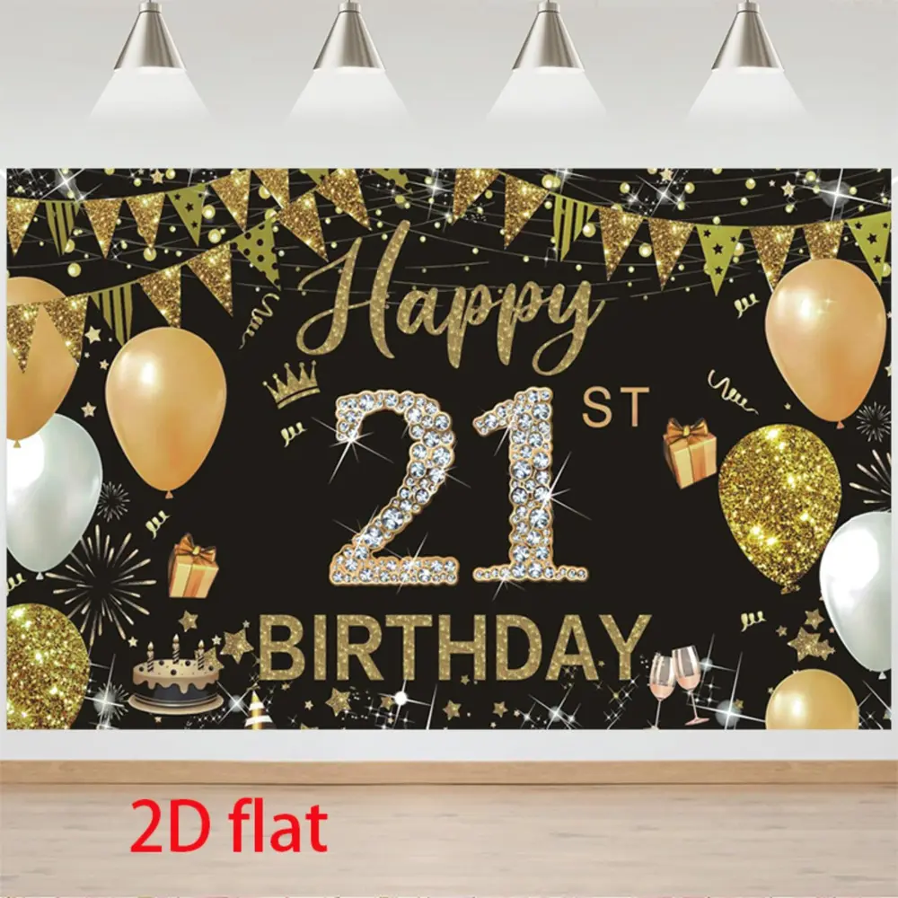 2D Black & Gold 21st Birthday Polyester Photography Backdrop, HD Digitally Printed, Soft Lightweight Foldable Cloth, Festive Photobooth Backdrop & Banner for Birthday Party Event Decor (Home & Festive Party Supplies)