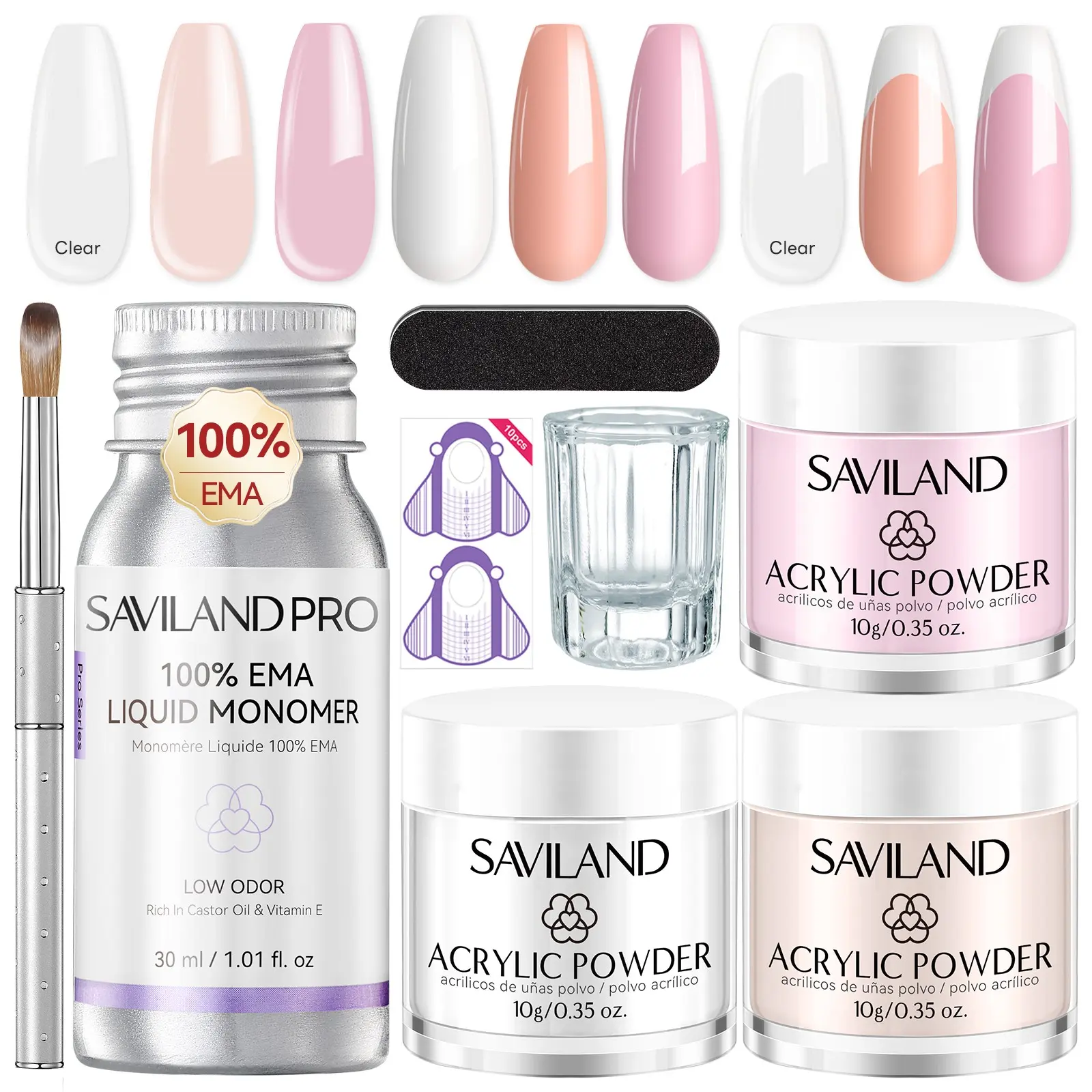 SAVILAND Acrylic Nail Kit Clear Pink Nude Acrylic Powder and Liquid Set with 12 Nail Brush File Forms Dappen Dish for Acrylic Nails Extension and 3D Carving Home DIY Manicure
