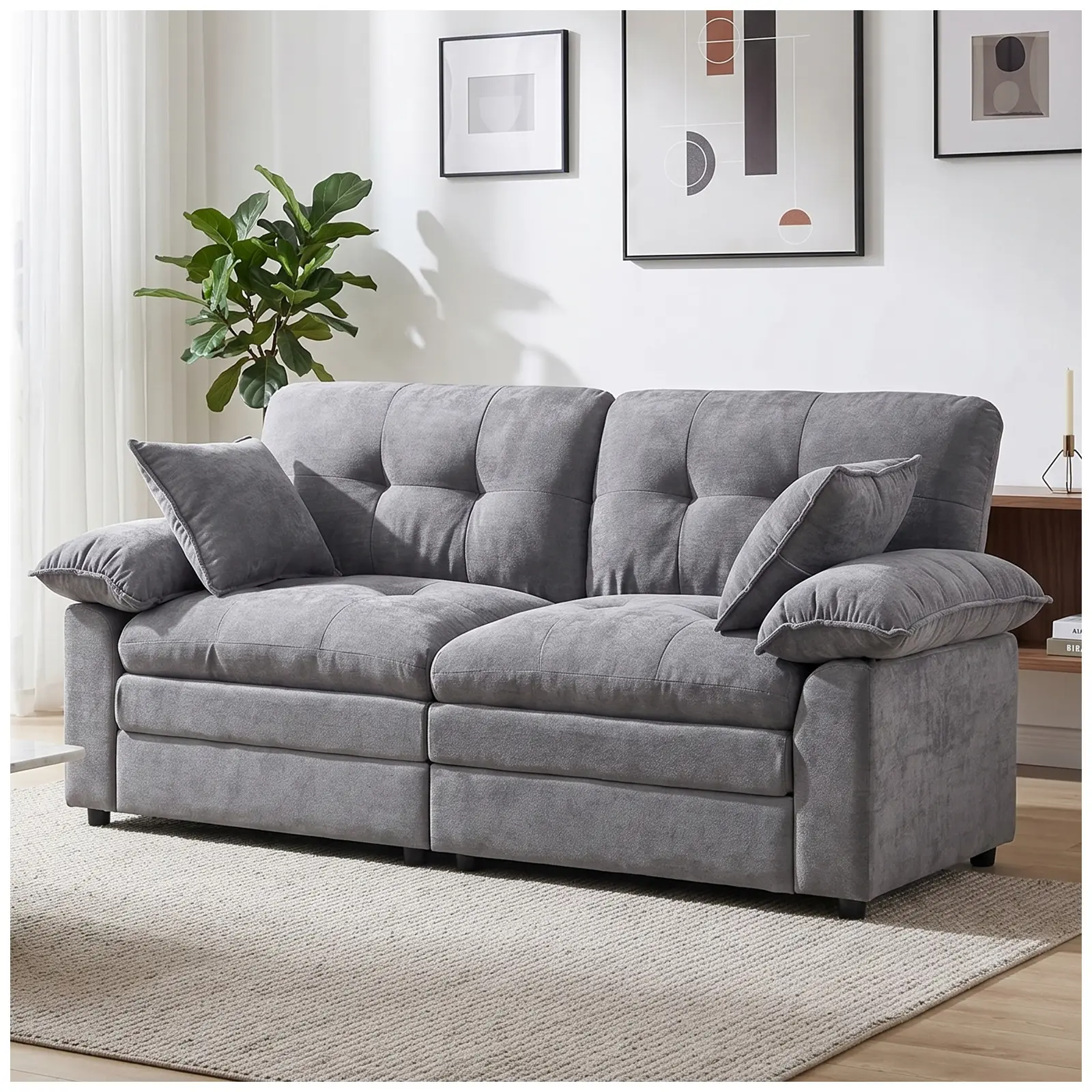 84" Modular Chenille Sofa Settee - 2-Seater Deep Seat Cloud Couch with Throw Pillows, UV-Resist Modern Upholstered Loveseat for Living Room Apartment, Light Gray Blue Orange White