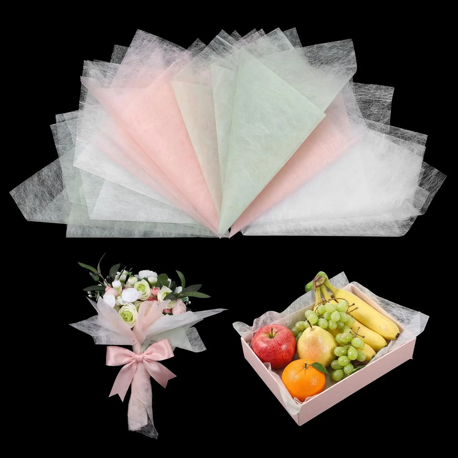 114 Sheets Korean Cotton Flower Wrapping Paper with Ribbon, 11.5" Milk Cotton Waterproof Floral Bouquet Wrapping Paper for Party/Bouquets/Gift Packaging(38 Sheets per color)