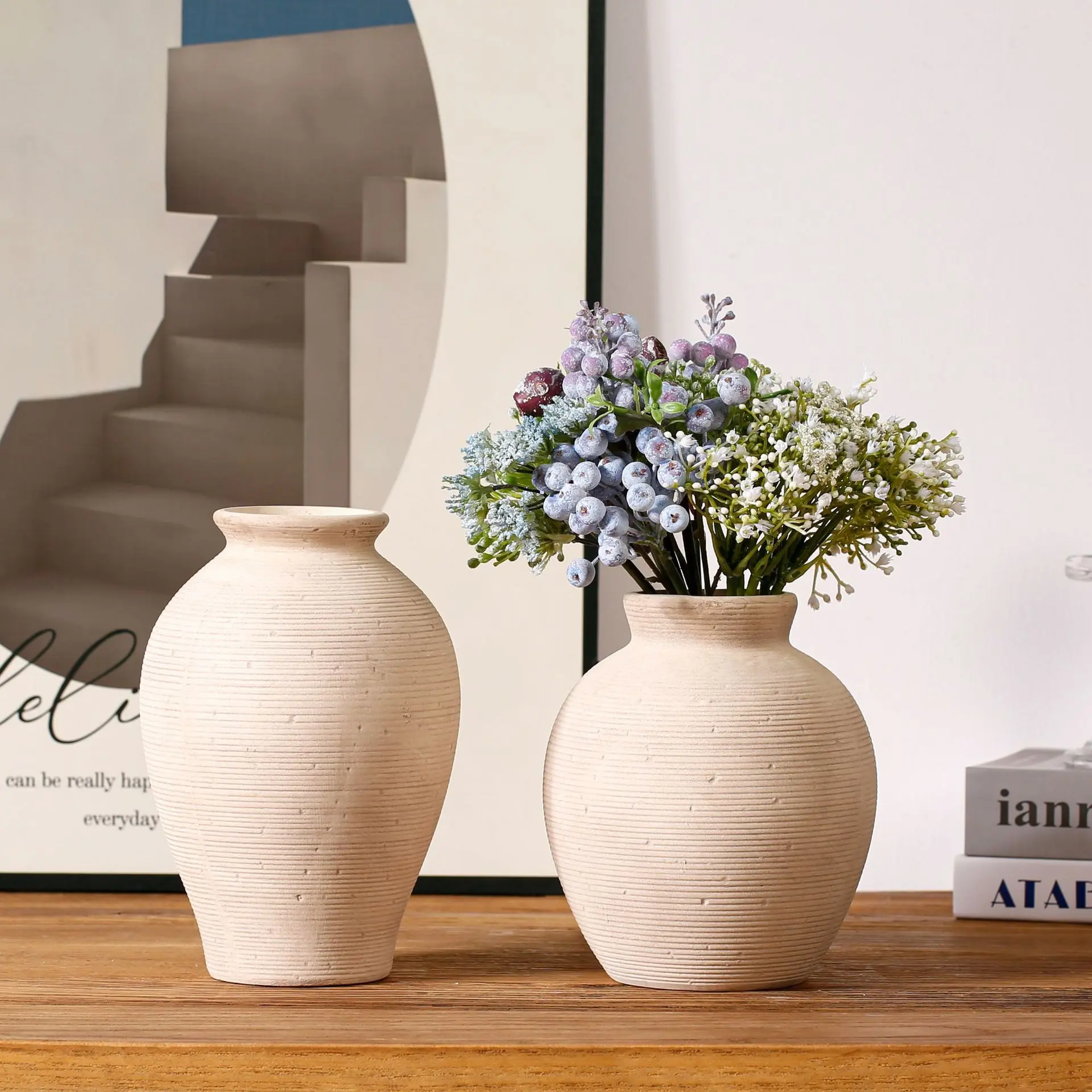 Light Color Retro Ceramic Vase, Large Belly Simple Flower Pot, High-End Textured Decor, Home Living Room Decoration, Dried Flowers Matched Clay Jar