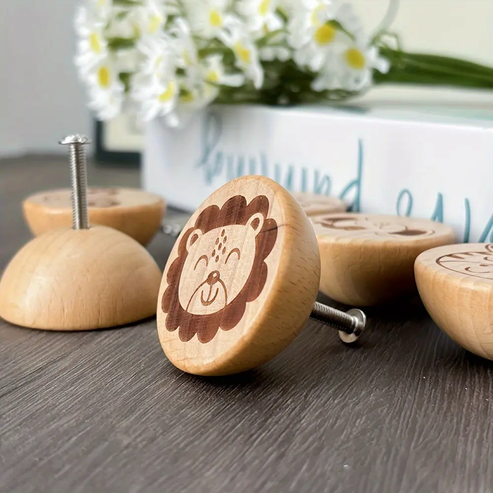6pcs Handmade Beech Wood Engraved Animal Pattern Single-Hole Bowl-Shape Drawer Knobs with Screws, Creative Furniture Handles for Dressers, Kitchen Cabinets (Drawer Pulls Included)