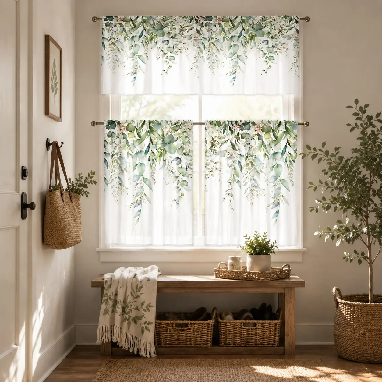 SoftHaven Home 3-Piece Sage Green Eucalyptus Leaf Rod Pocket Indoor All Over Print Curtains - Made in USA, Rustic Watercolor Vintage Floral Polyester Fabric, Ideal for Living Rooms, House Decor