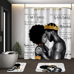 LVRLVR 4Pcs Black King Queen Couple Golden Crown Inspirational Love Quote Print Vintage Distressed White Modern Art Style Black White Gold Tone Shower Curtain Set 70.8×70.8 Inch