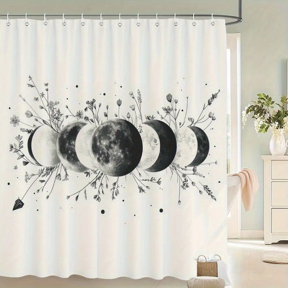 1 piece moon phase shower curtain, Decorative shower curtain - moon cycle and black and white wildflower pattern, machine washable, with hooks, astronomical bathroom decoration, home shower curtain (12 hooks included, shower curtain rod not included)