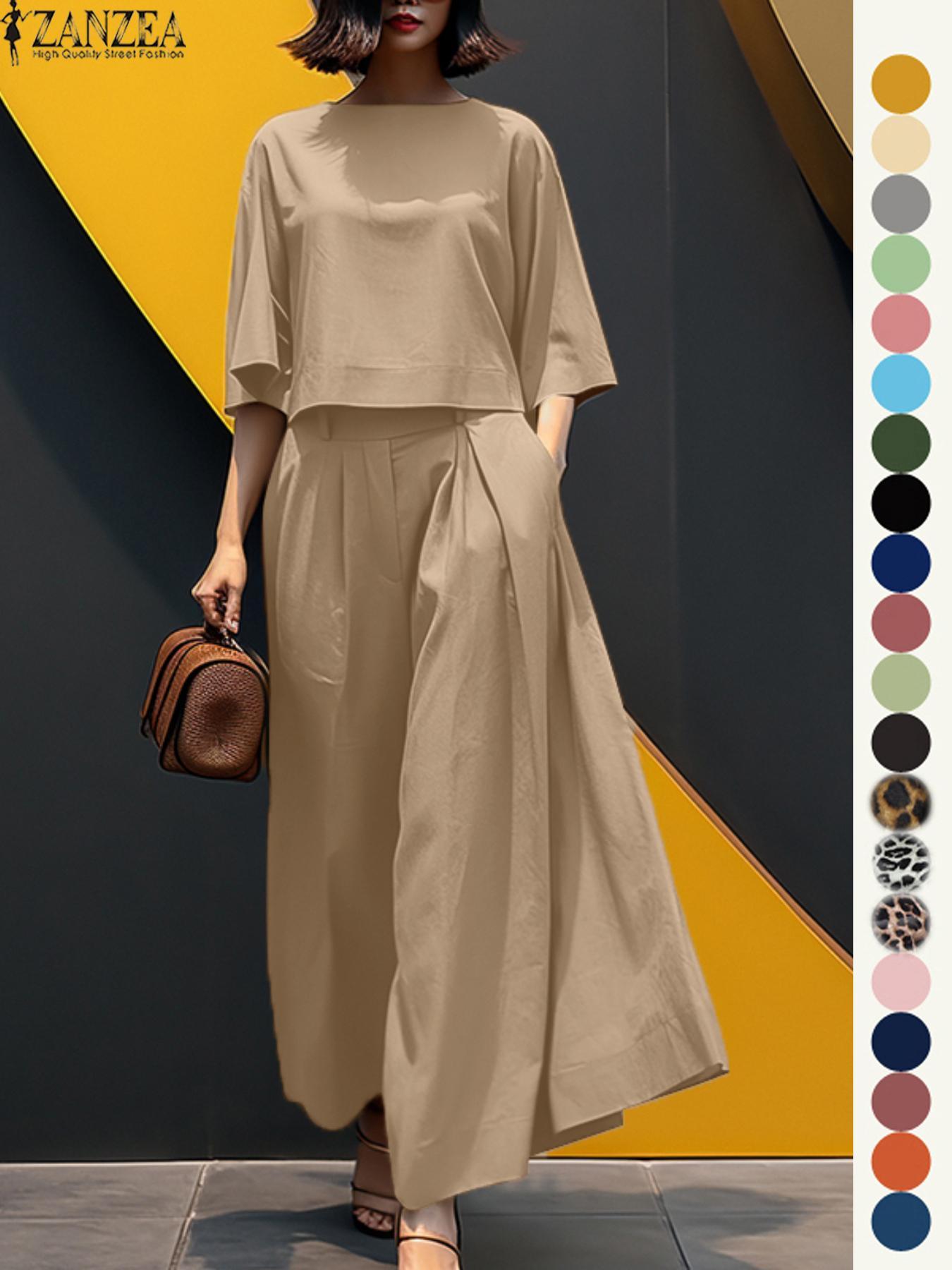 Women's Top & Wide Leg Pants Two-piece Set, Casual Fashion Minimalist Cozy Three Quarter Length Sleeve Top & Trousers for Daily Outdoor Wear, Ladies Clothes for All Seasons, Womenswear Women's Top & Wide Leg Pants Two-piece Set, Casual Fashion Minimalist Cozy Three Quarter Length Sleeve Top & Trousers for Daily Outdoor Wear, Ladies Clothes for All Seasons, Womenswear