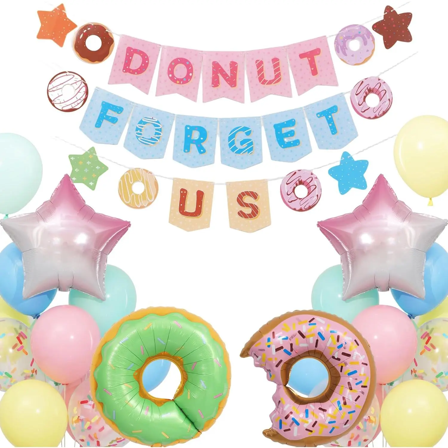 Colorful Donut Decorative Farewell Party Decoration Banner Set - Multiple Items, 6.6ft Banner, 10” Balloons, 2x27” Inflatable Donut Foil Balloons for Coworker Leaving Events (Doorways, Retirement)