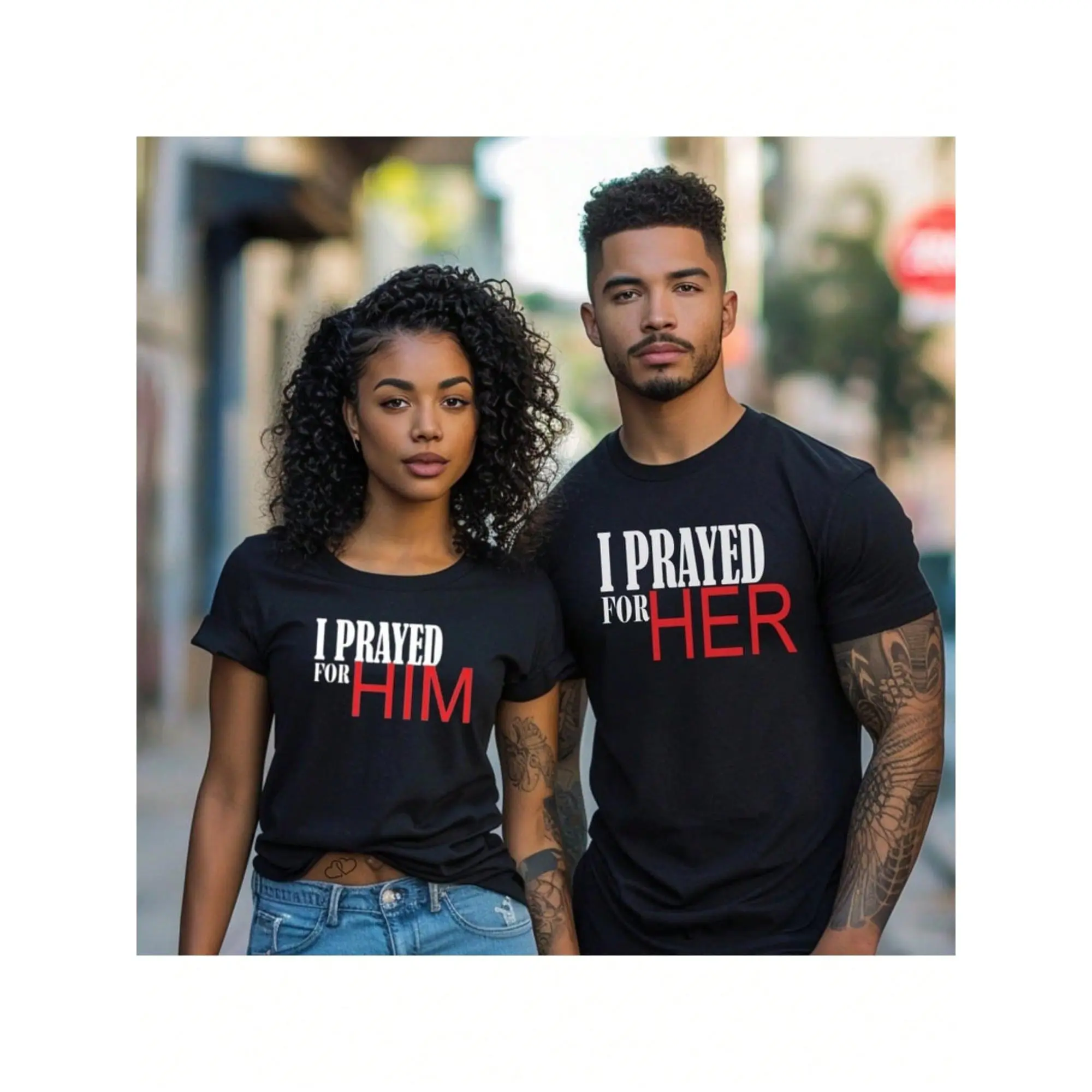 His & Hers Christmas Matching T-Shirts - "I Prayed For Him" & "I Prayed For Her" Print,Casual Black Cotton Tees , Perfect For Couples' Holiday Outings