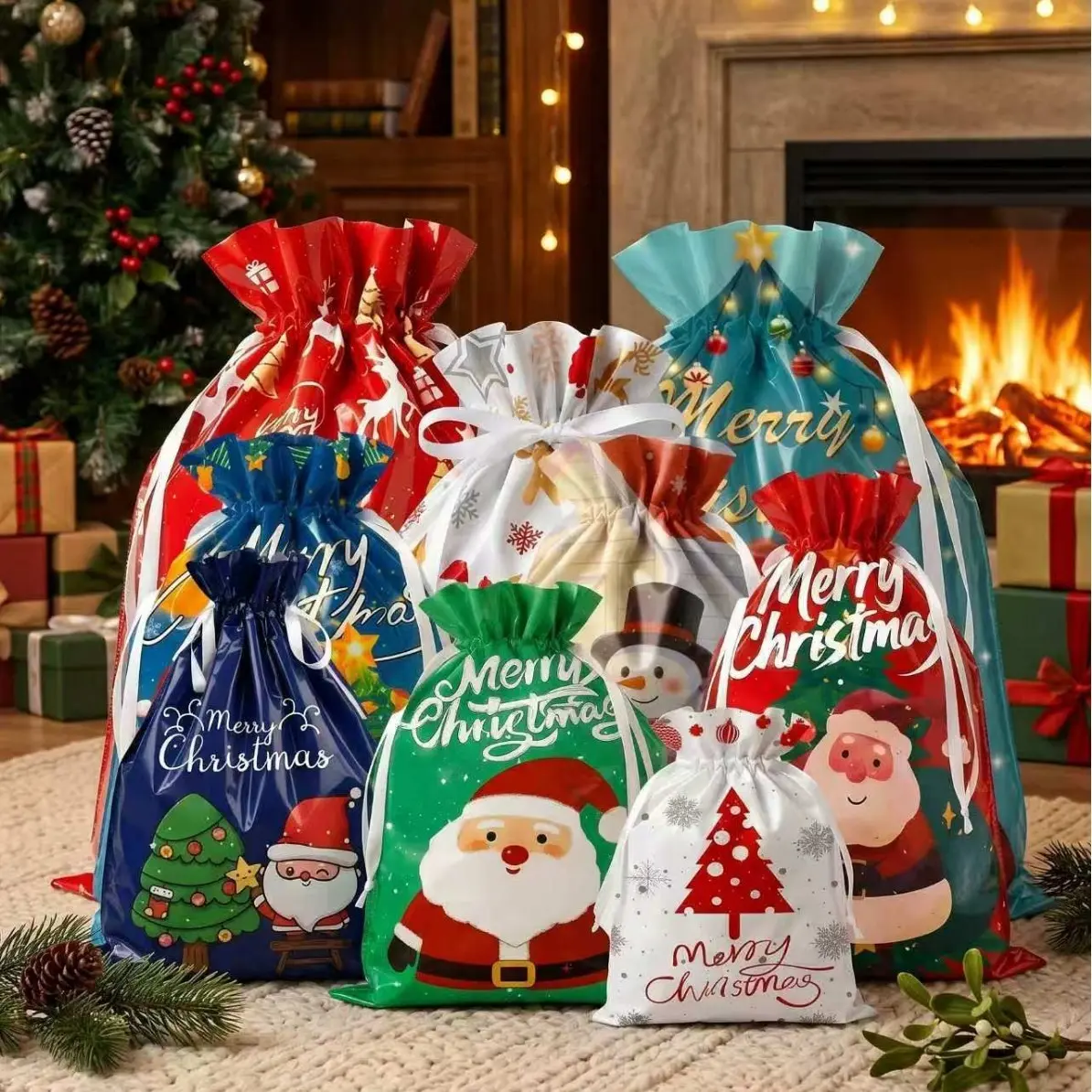 Christmas Gift Bags, Reusable Drawstring Pouches, 15/18/27/30 Count, Various Patterns, Ideal for Christmas Parties, Candy Storage, Bulk Gift Bags, Party Goodie Bags, Candy Bags for Party Favors