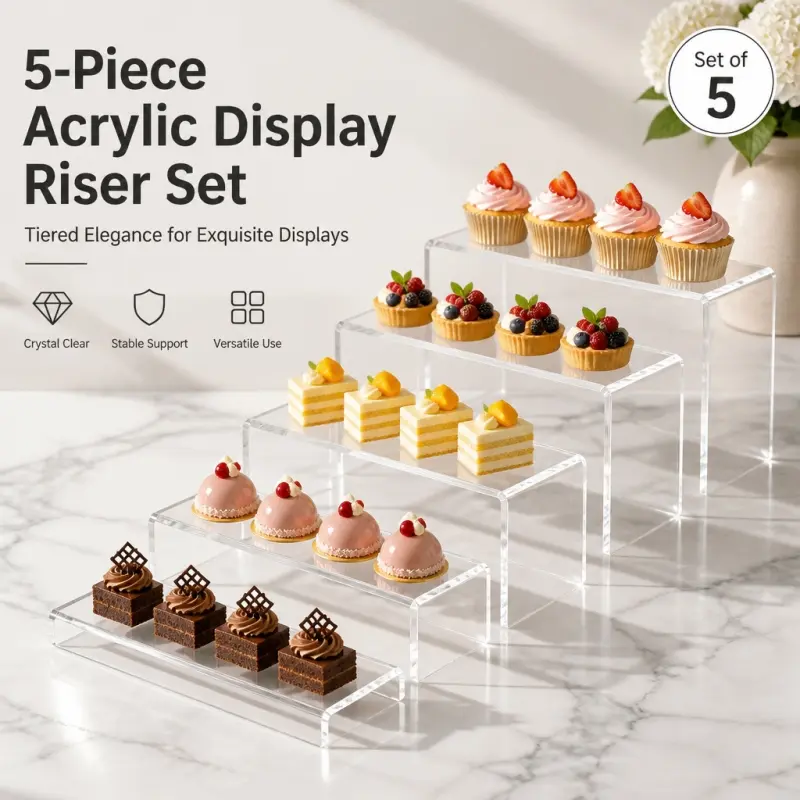 5Pcs Transparent Acrylic Tiered Display Racks, Acrylic Organizer. Multi-tier design for elegant display, ideal for cupcakes, cosmetics, figurines and retail goods.