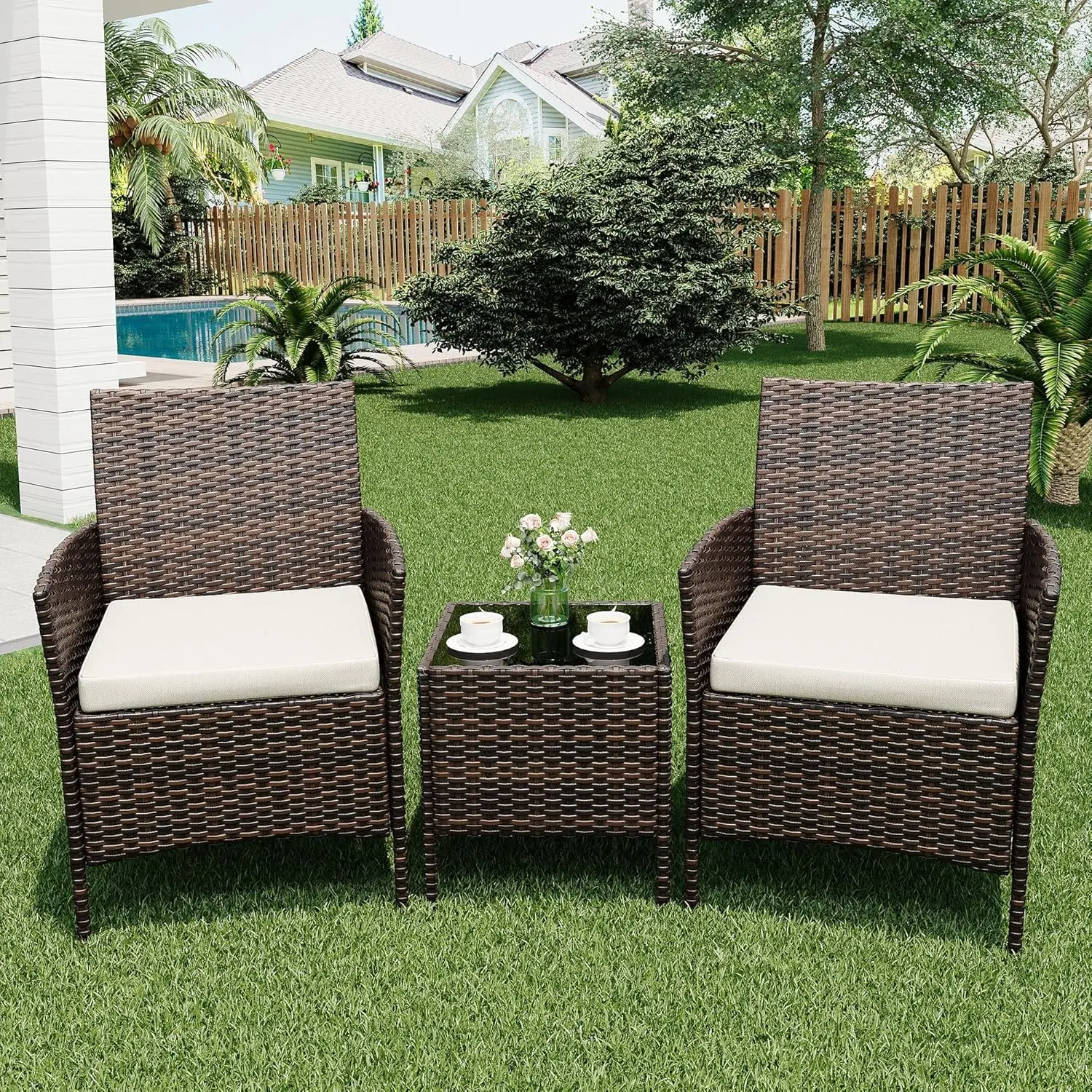 3-Piece Outdoor Living Set, Sturdy Patio Furniture Sets with PE Rattan Wicker Chairs, Soft Cushions, Glass Coffee Table, Wicker Look, Assembly Required for Backyard, Poolside, Backyard Oasis