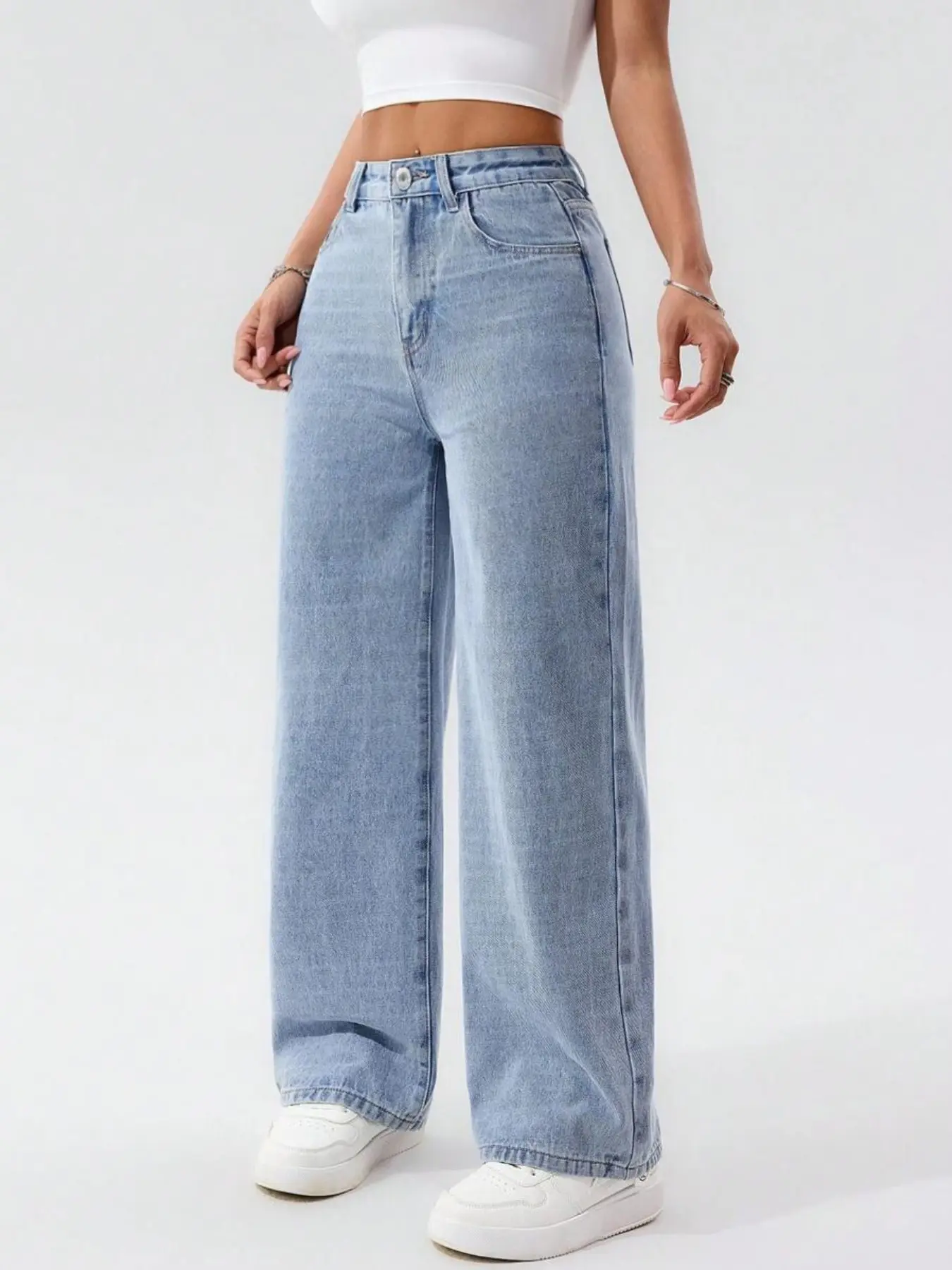 PETITE Solid Color Light Wash Pocket Casual Fashionable Versatile High Waist Straight Leg Jeans