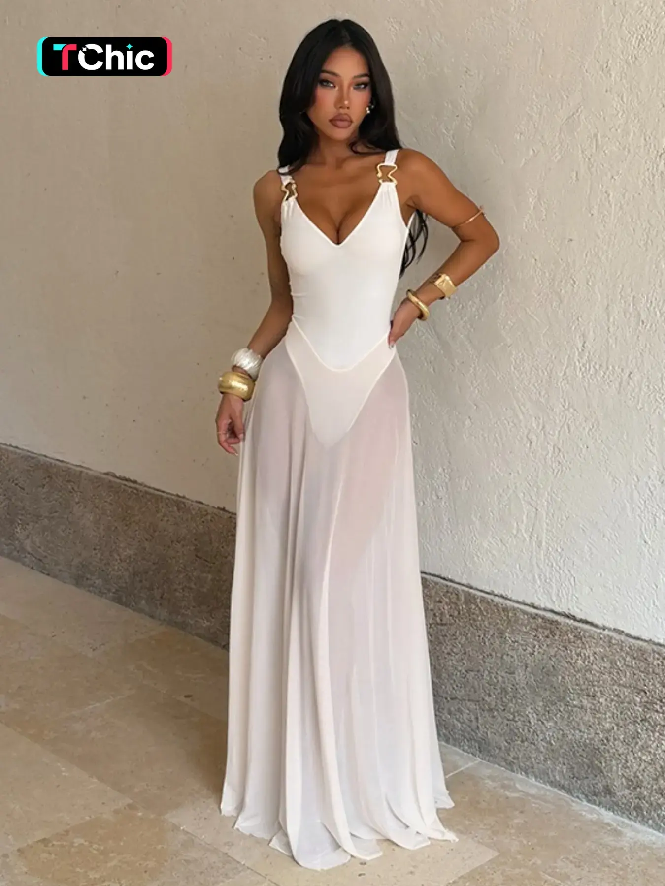 Women Deep V Neck Gold Buckle Spaghetti Strap Sleeveless Summer Maxi Dress, Slim Bodycon Sheer Mesh Flowy Chiffon Long Gown For Formal Beach Wedding Evening Party
