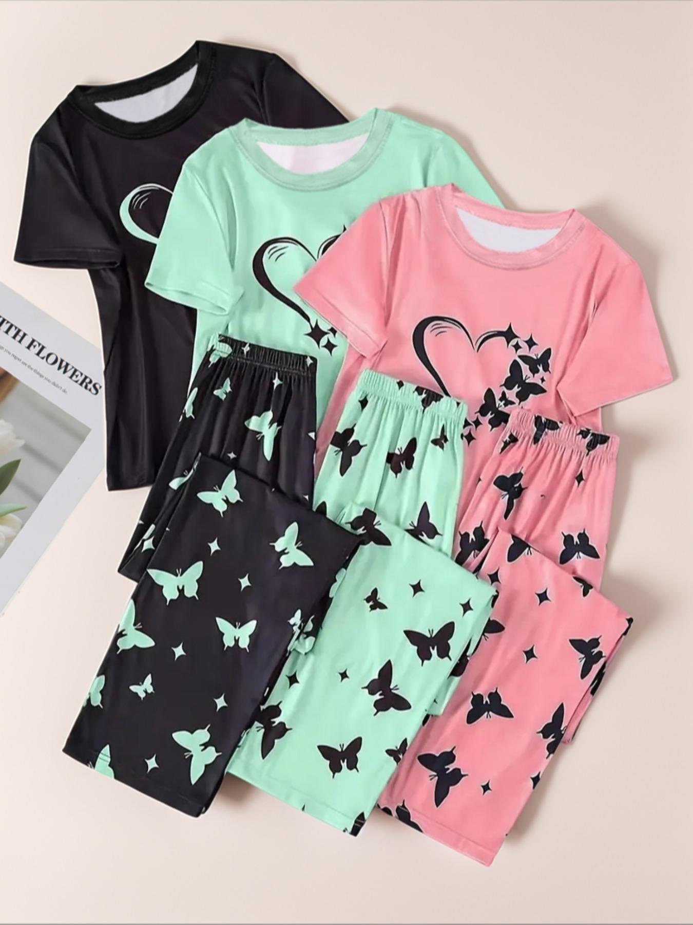 6 Counts Women's Heart & Butterfly Print Pyjama Set, Short Sleeve Tee & Elastic Waist Pants Loungewear Set, Women Cute Nightwear, PJ Sets for Women, Summer Outfits 2024, Pajama Set