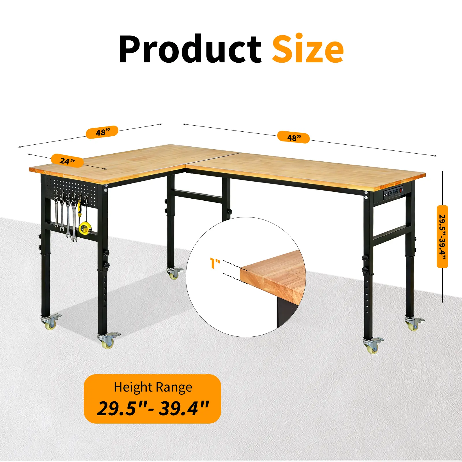 Garvee Heavy Duty L-Shaped Adjustable Height Workbench – 2000lbs Capacity Steel Table with Power Outlet, Pegboard, USB & Locking Wheels – Mobile Work Table for Garage, Workshop, Industrial, Home Use