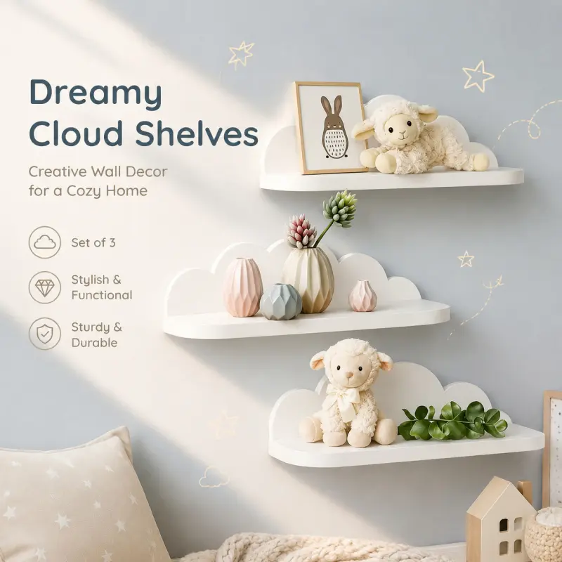 3-Piece Dreamy Cloud Shaped Wall Shelves, Whimsical Floating Design, Decorative Storage Organizer for Bedroom and Playroom