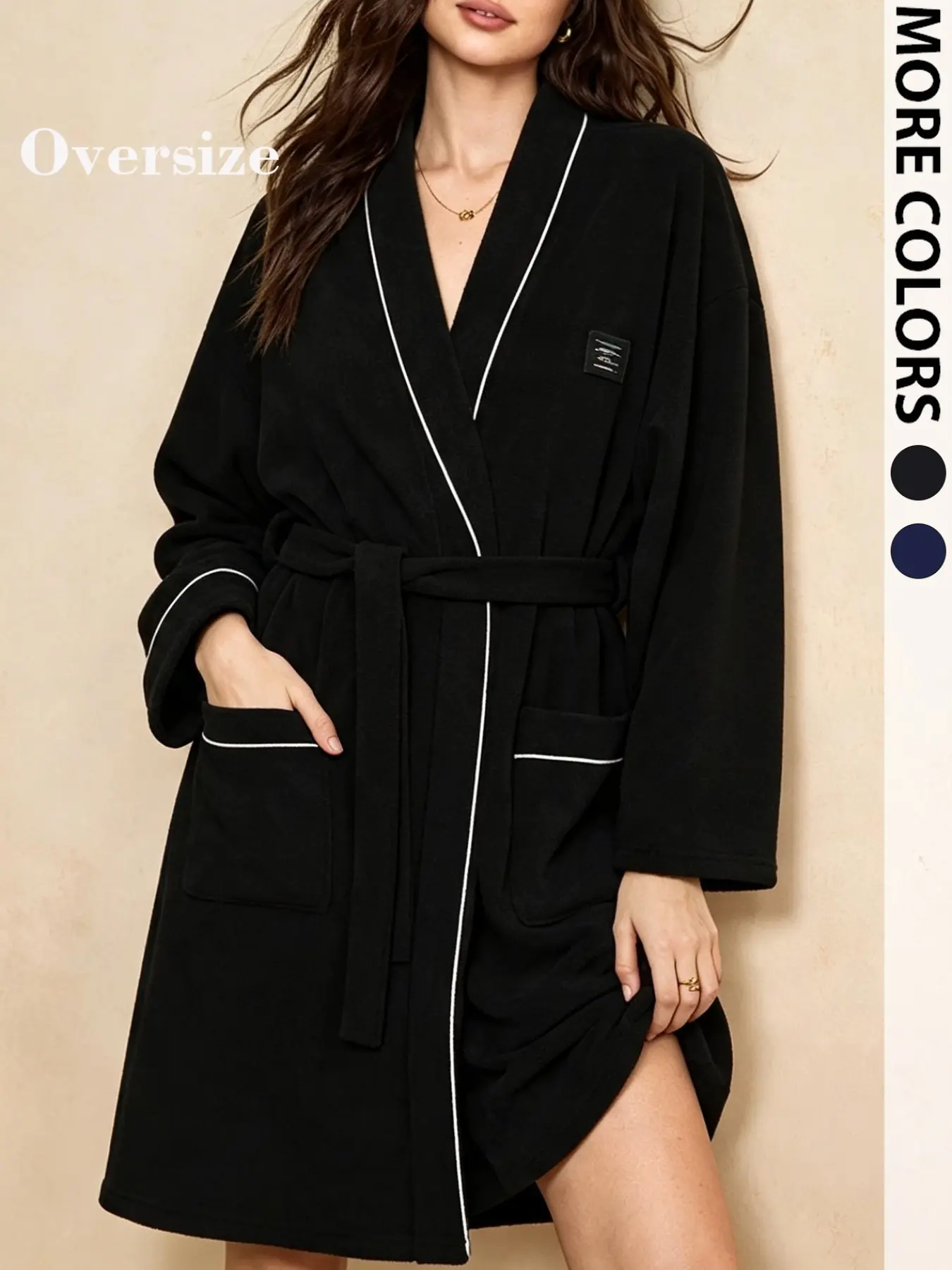 Oversized Fleece Bath Robe For Women, Soft Warm Cozy Nightwear With Belt Tie, Piped Trim V‑Neck Mid‑Length Robe, Relax Fit Pockets Loungewear, Comfy Sleepwear Hotel Spa Daily Home Wear
