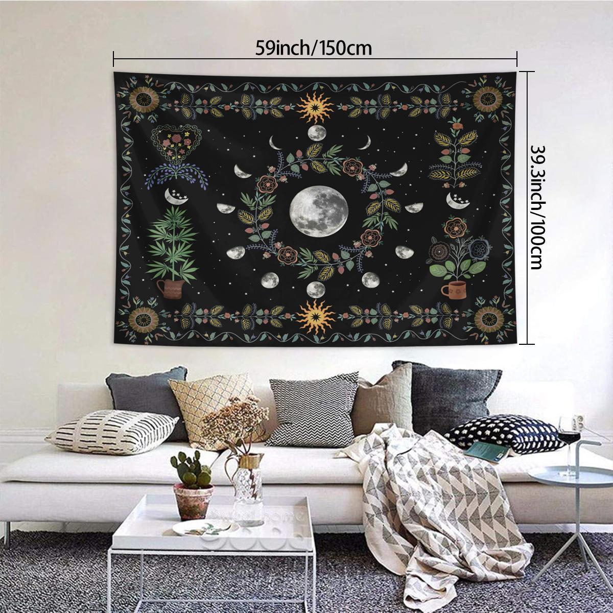 Plant & Flower Pattern Tapestry, Natural Moon Phase Tapestry, Bohemian Mandala Spiritual Tapestry, Wall Hanging for Bedroom Teenager Girls, Decor, Durable Decorative Tapestry