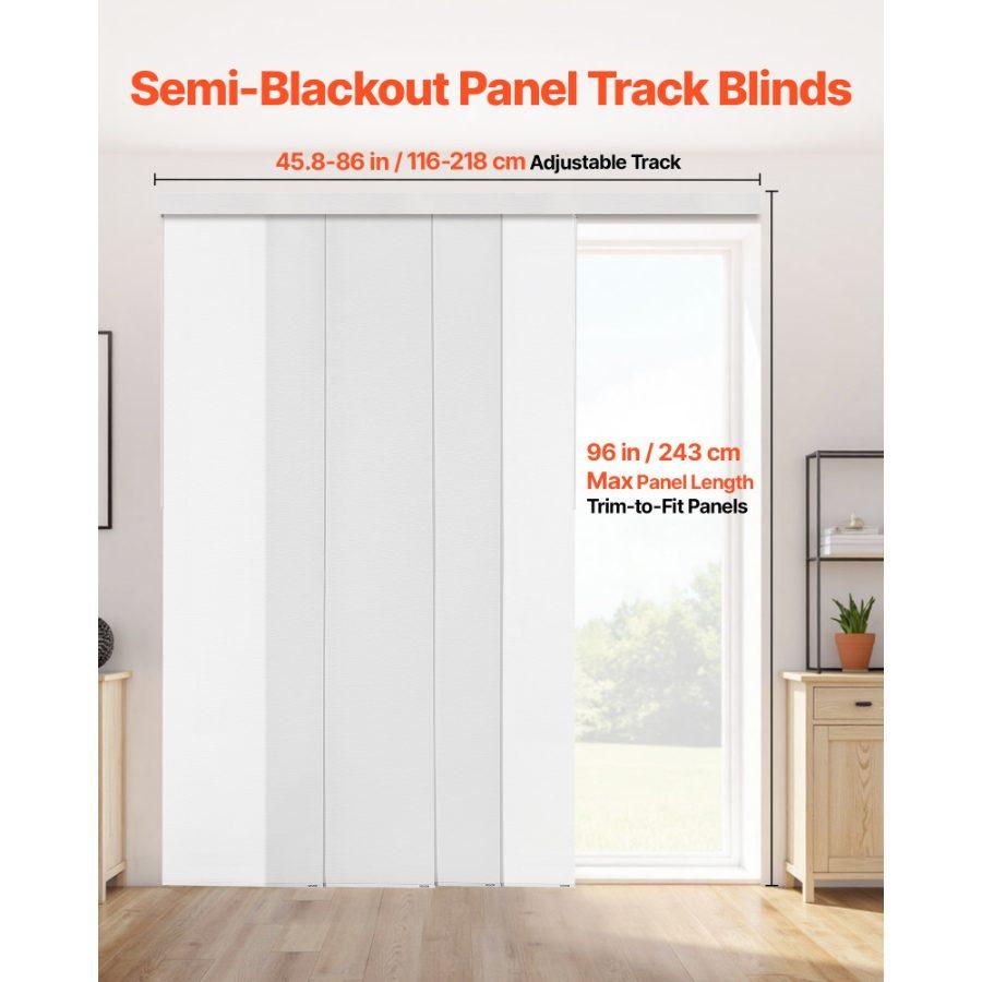 VEVOR Panel Track Blinds, Extendable Track from 45.8 in to 86 in W, Trimmable Panel Curtains Up to 96 in H, Adjustable Vertical Panel Blinds for Sliding Doors, Patio Doors, Room Divider, Window, White