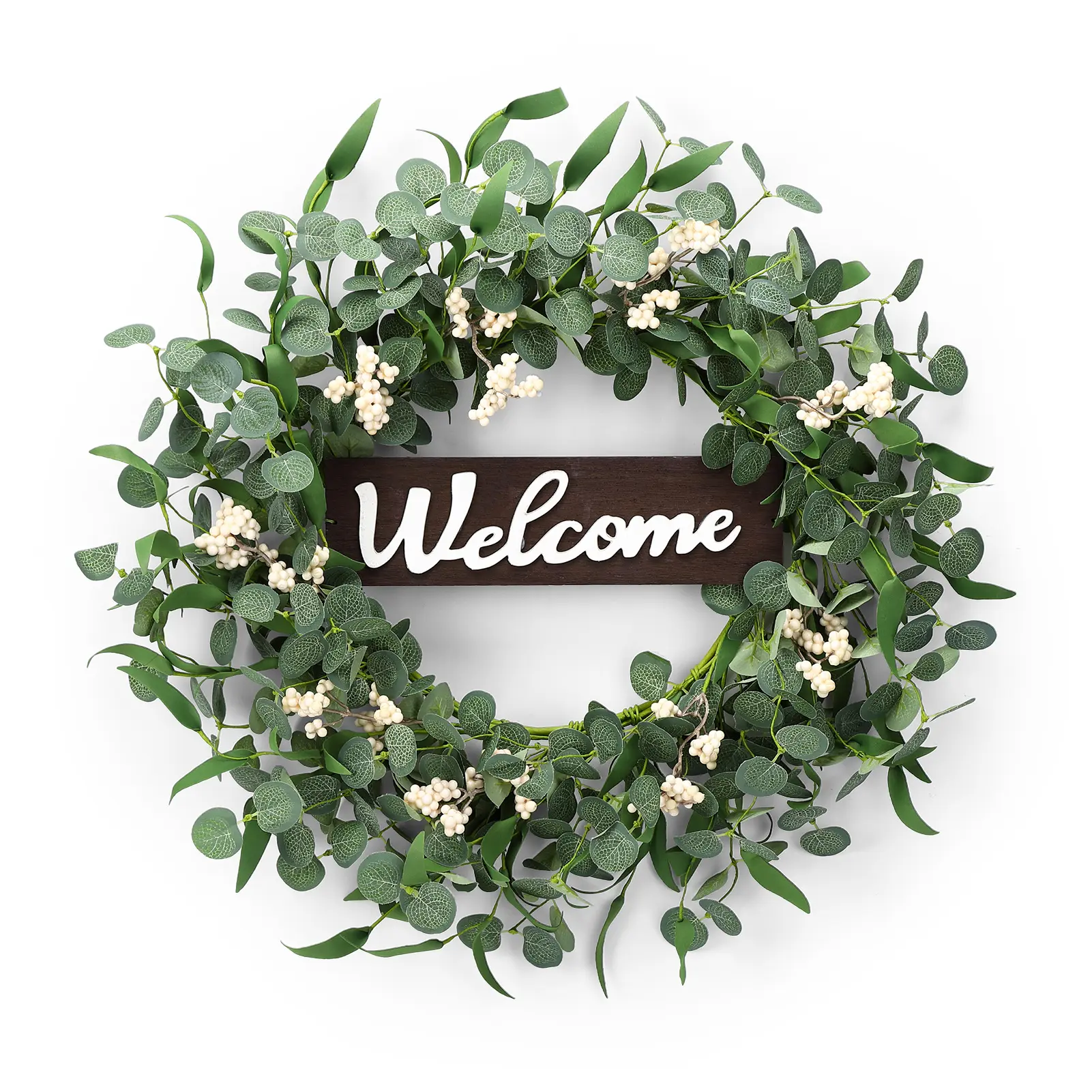 20 Inch Artificial Eucalyptus Wreath for Front Door, Modern Farmhouse Greenery Wreath with 3D Wood Alphabet and Berries, All Seasons Large Welcome Door Wreath Outside Inside Wall Window Hanging Decor
