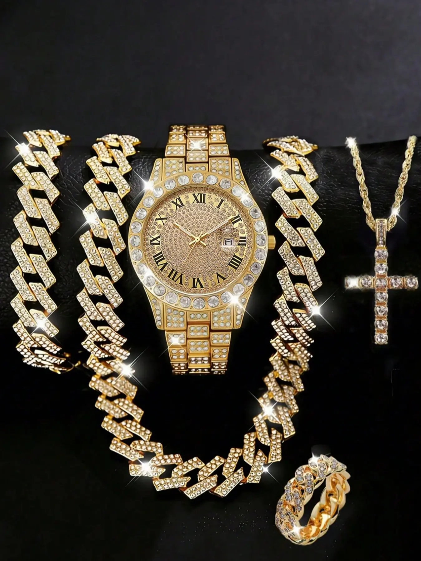 Men's Luxury Fashion Quartz Watch Set, Hip Hop Cuban Link Bracelet Necklace, Cross Pendant, Ring, Perfect for Parties, Gift for Him