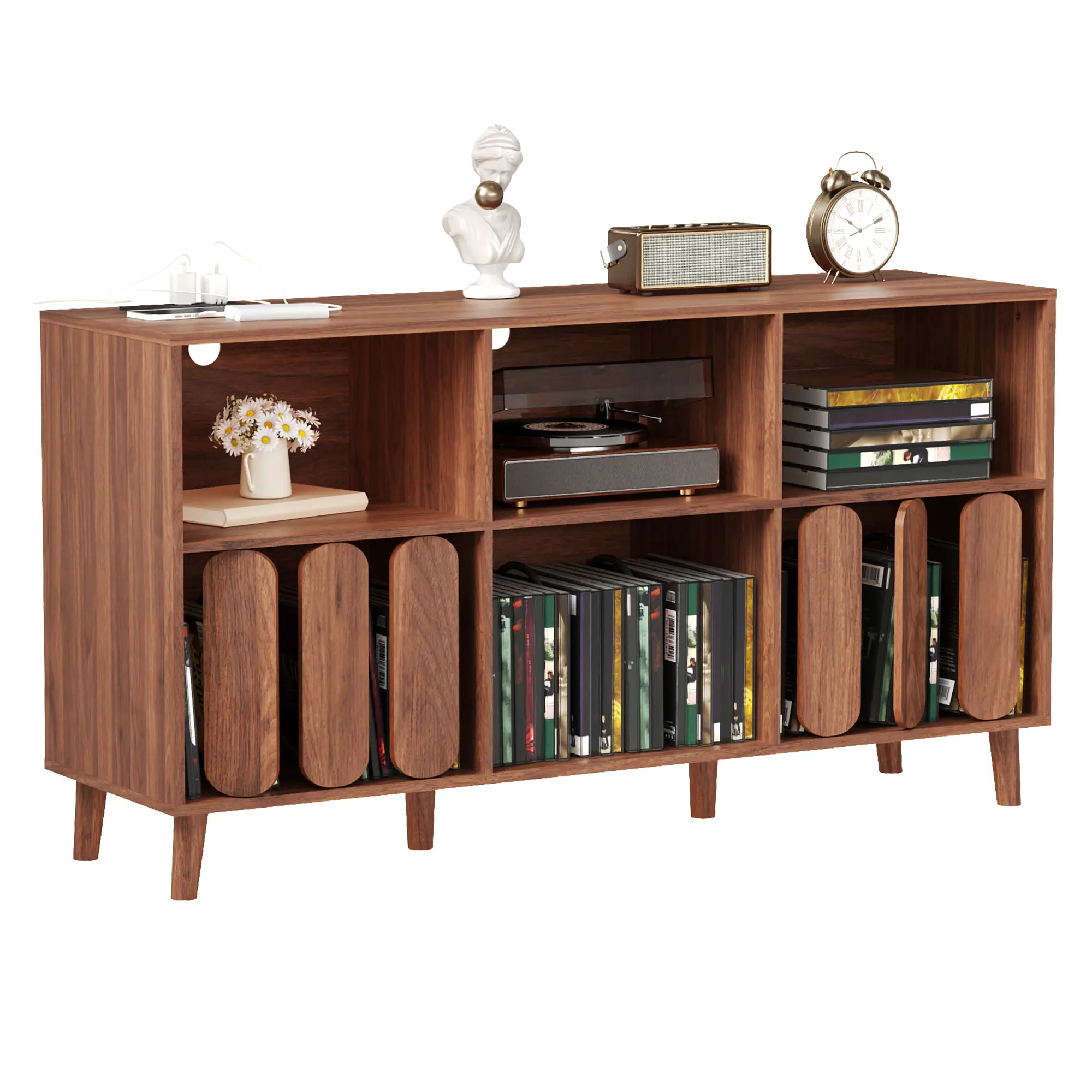 Record Player Stand with Charging Station and USB, Large Vinyl Storage Cabinet Holds, Mid Century Media Console Table