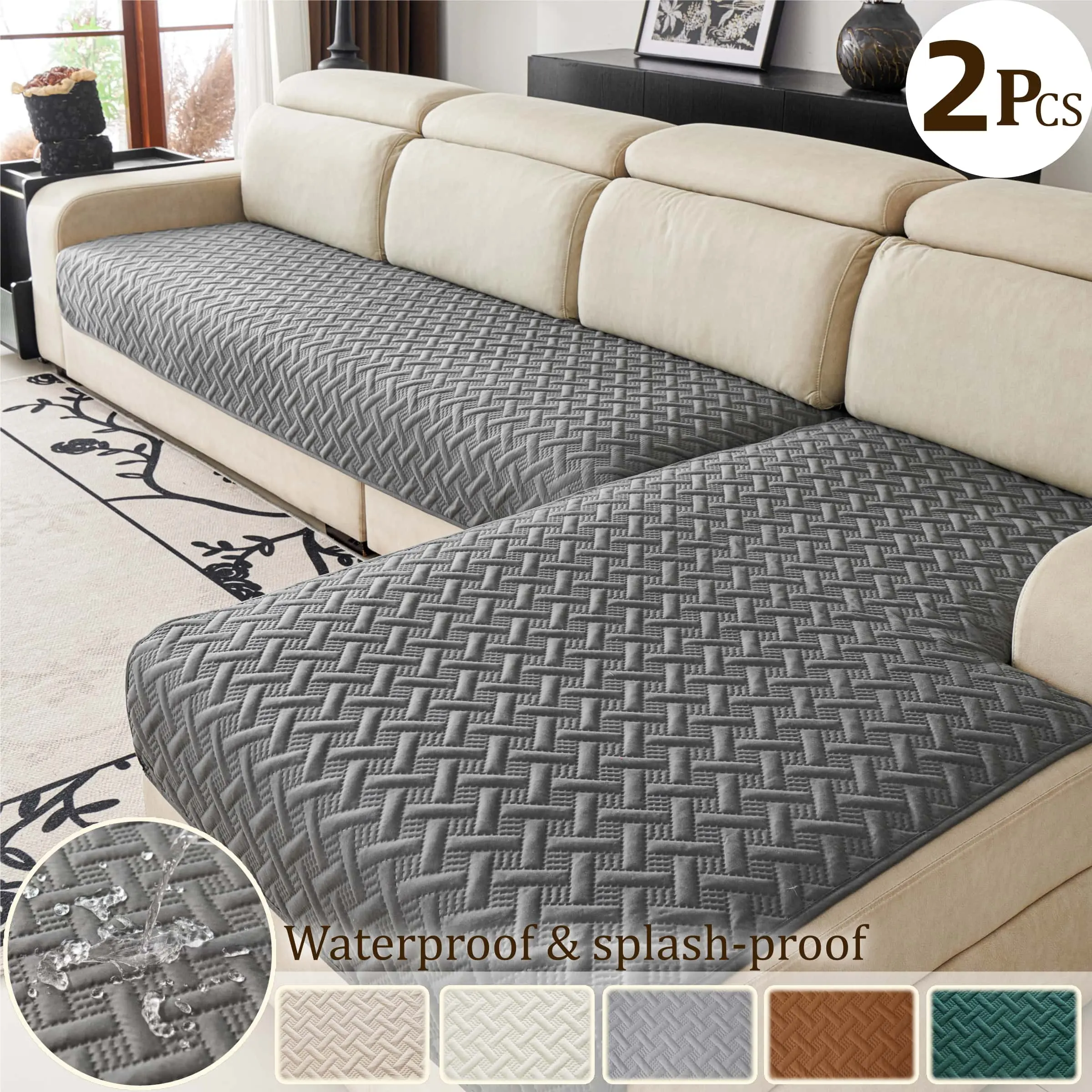 Quilted Sofa Cover, Waterproof Sofa Covers, 2 Piece Waterproof Couch Seat Pad Set, Non-Slip Washable Furniture Protector, Pet-Friendly Couch Cover, Spill-Resistant Seat Cover for Sectional Couch, Dustproof Sofa Slipcover
