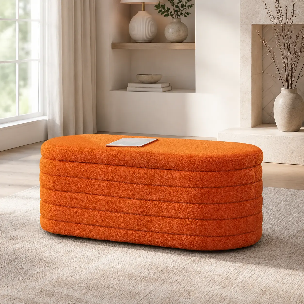 Littleox Modern Oval Storage Ottoman Bench, Upholstered Boucle Teddy Fabric End of Bed Bench with Storage, End of Bed Stool with Safety Hinge for Bedroom, Living Room, Entryway