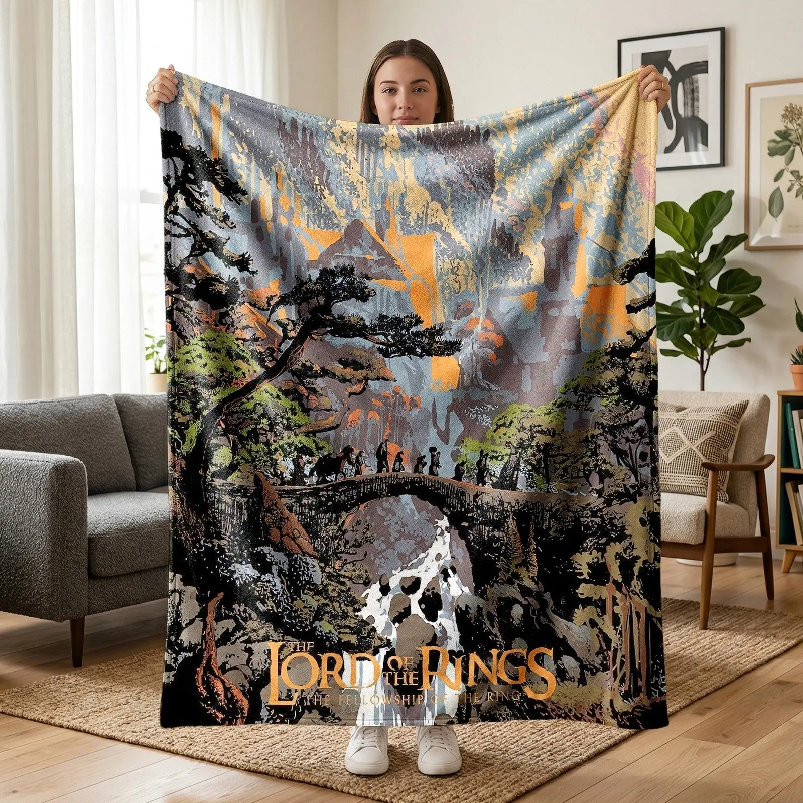 1pc Lord of the Rings Middle-earth Adventure Fleece Blanket, Gondor Castle, Lonely Mountain, Elven Forest, Fellowship & Golden Title All-Over Print, Epic Fantasy Movie Style. Soft Multi-use Throw for Sofa, Bed, Office, Camping, Perfect Christmas Gift.
