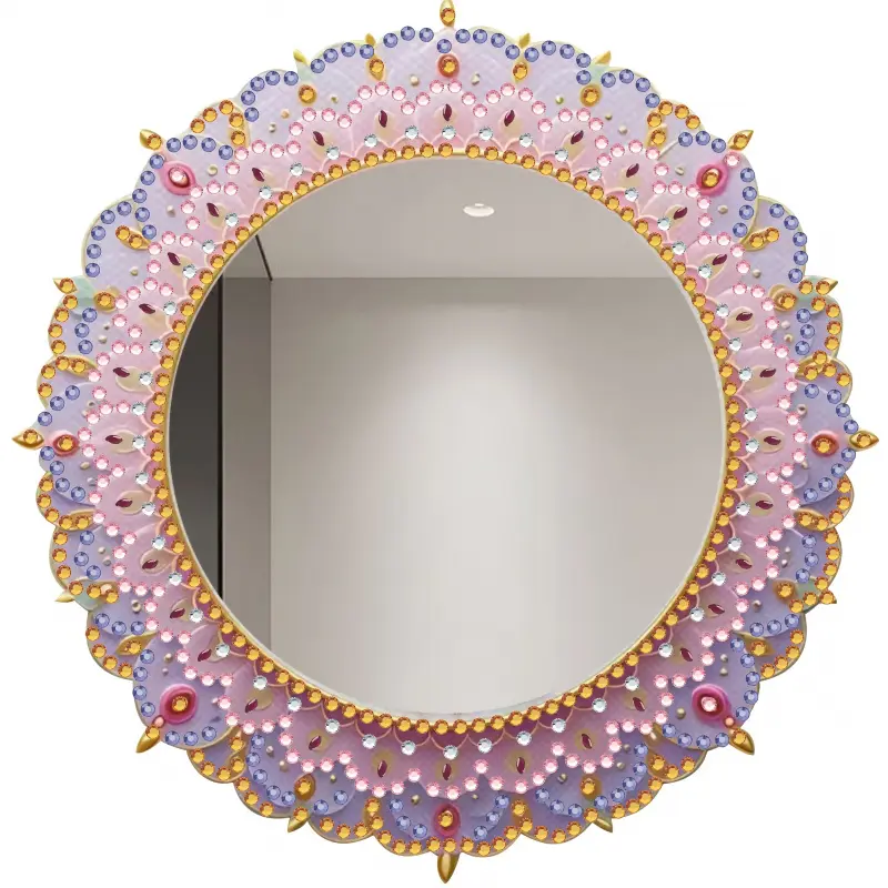 A small inlaid mirror decorated with fancy-shaped diamonds and mandala patterns, perfect for DIY craft enthusiasts. It can serve both as a desktop decorative ornament and a compact hand mirror.Holiday gifts.