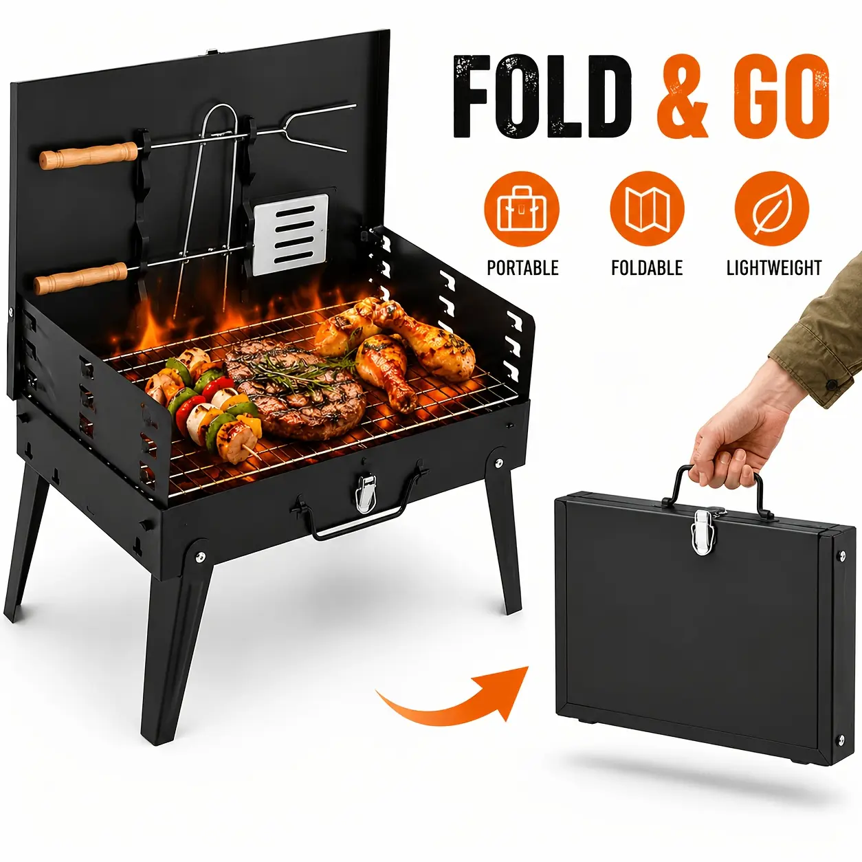 Portable Grill Charcoal Grill, Compact Folding Grill, Lightweight Small Grill for Outdoor Cooking, Camping, Hiking, Picnics, Tail Teeth, Beach and Backyard Parties, Camping Cookware