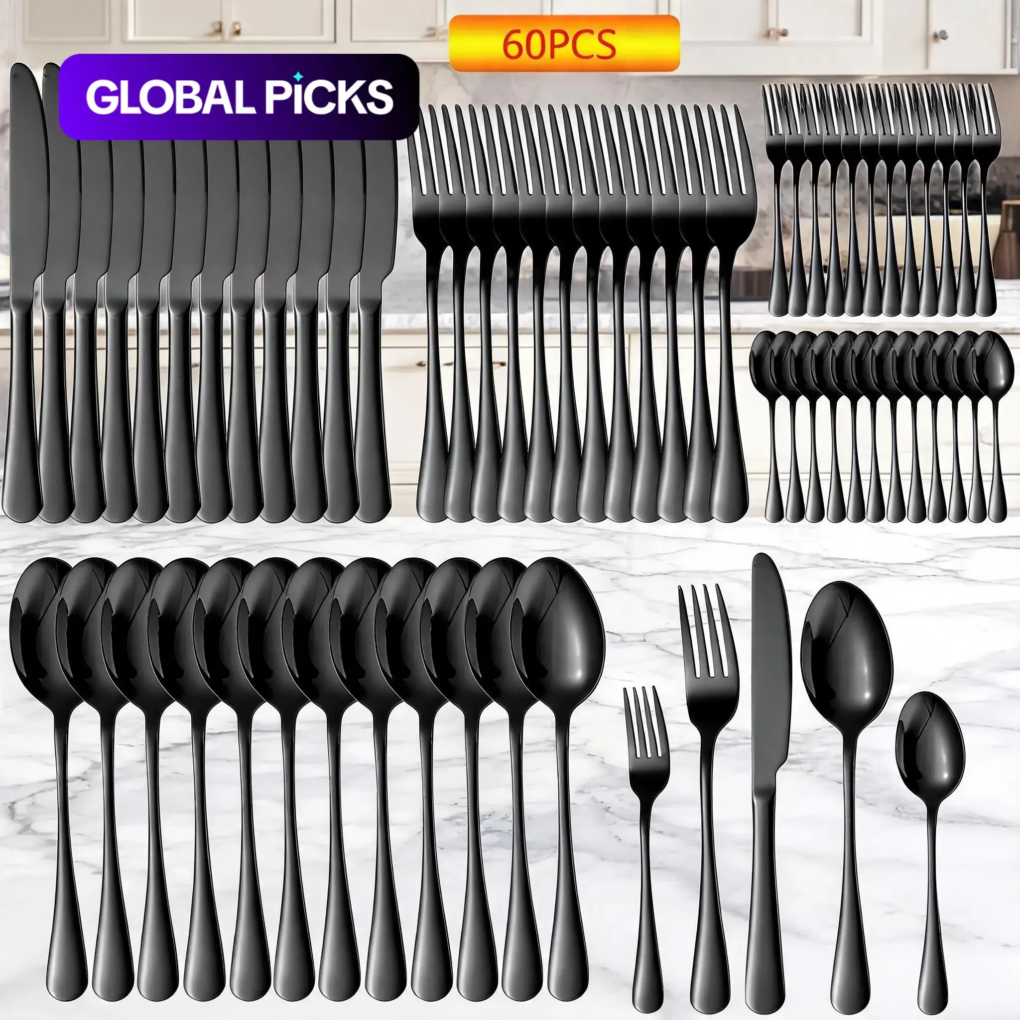 60-Piece Stainless Steel Food Grade Cutlery Set with Forks, Knives & Spoons, Durable Tableware, Flatware Service Set, Utensil Set for Kitchen and Dining Room, Modern Tableware Sets #GLOBAL PICKS