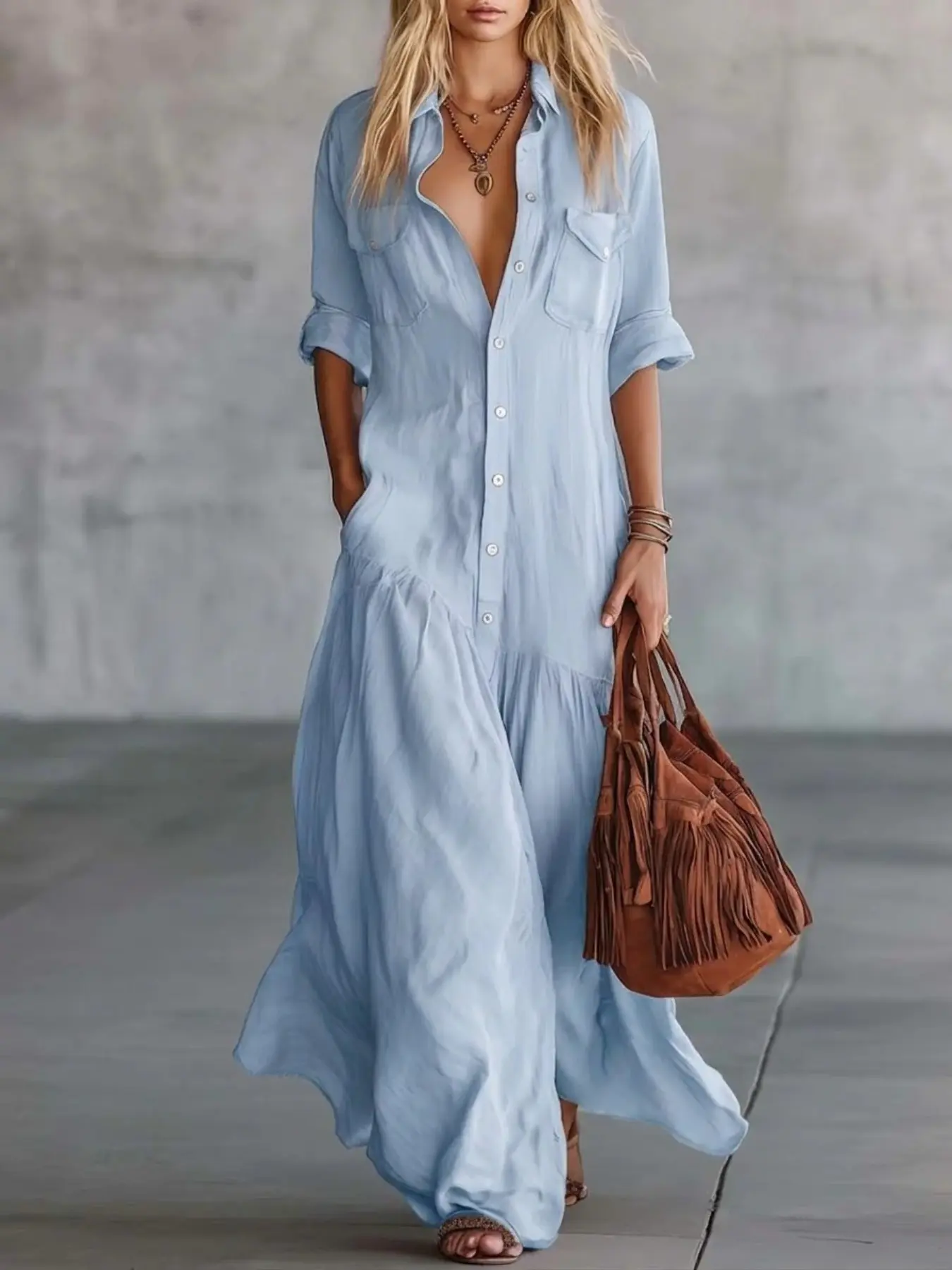 Women 1/3-Pack Button Down Shirt Maxi Dresses, Roll Up Sleeve Pocket, Loose Flowy Hem, Soft Breathable Casual Beach Long Dress Set