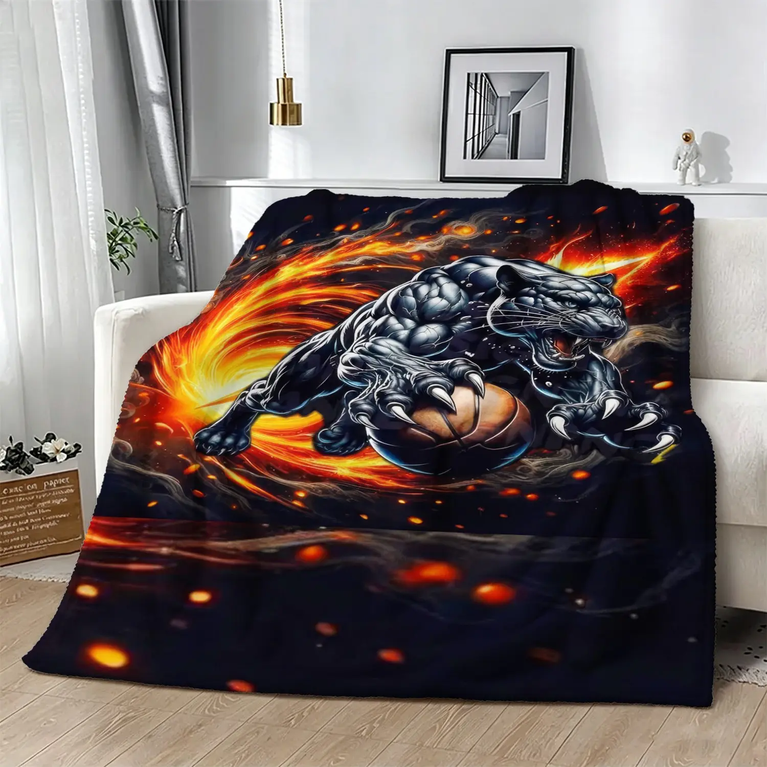 1Pcs Black Panther Basketball Fire Throw Blanket, Flannel Blanket, Decorative Blanket, Sport‑Themed Printed Blanket, Lightweight Cozy Blanket, Cool Home Decor, Gift Blanket for Sofa, Bed, Couch, Bedroom, Dorm