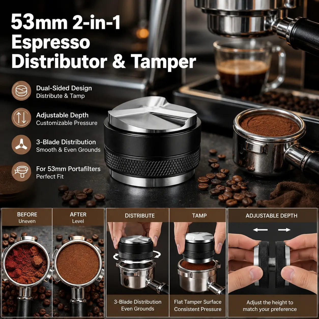 53mm 2-in-1 Espresso Distributor & Tamper, Modern Black Dual-Sided Coffee Leveler with Adjustable Depth, 3-Blade Distribution Base & Knurled Grip, Stainless Steel Palm Press Barista Tool for Portafilter, Home Coffee Bar & Café, Coffee Making Tools