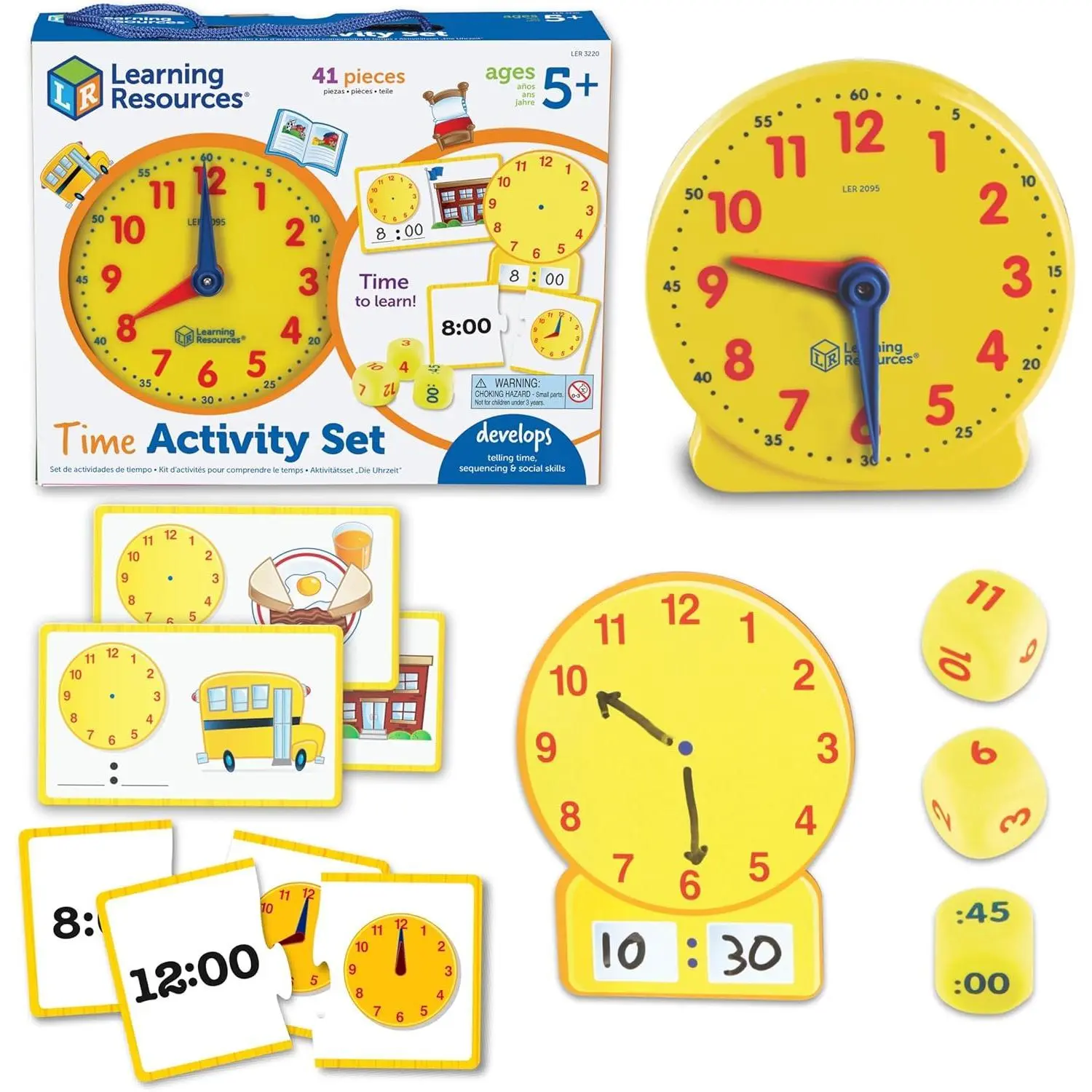 Learning Resources Time Activity Set - Kids Learning Clock, Classroom Clocks for Students, Telling Time Teaching Clock, Analog Clocks for Kids, Teaching Classroom Supplies