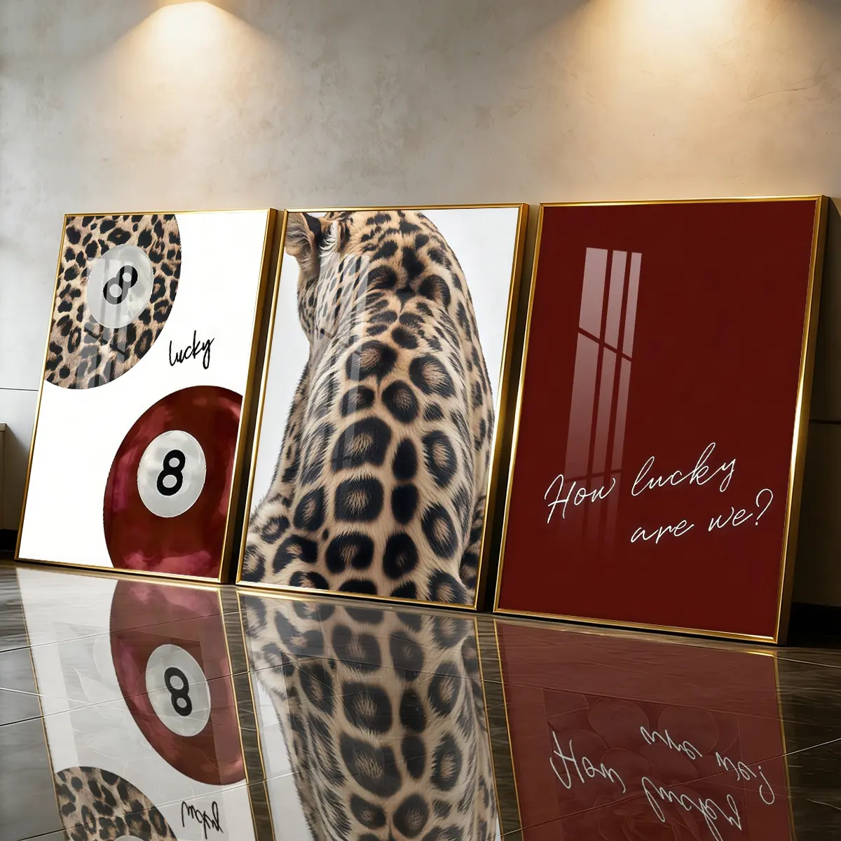 3 Count Aluminum Alloy Frame Canvas, Fashion Poster Leopard Print And Lucky Eight Ball Art, Creative Design Print, Modern Living Room Decoration, Light Luxury Family Art, Suitable For Bedroom, Corridor And Office Wall Decor, Gift