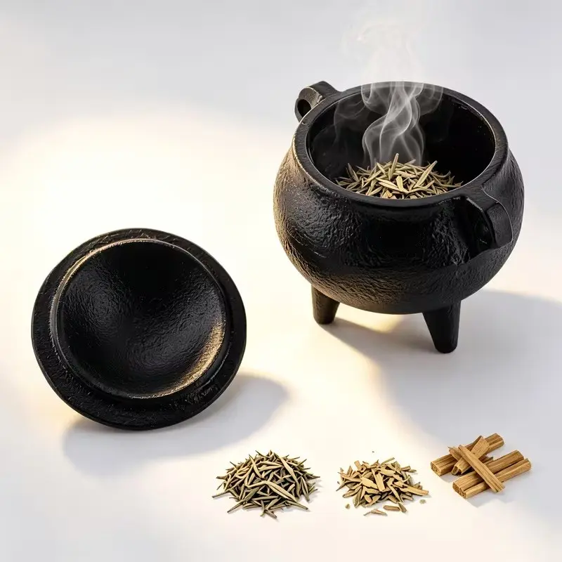 Cast Iron Cauldron Incense Burner with Lid & Handles, Vintage 3-Legged Smudge Pot, Holder for Sage, Palo Santo, Meditation Altar Decor