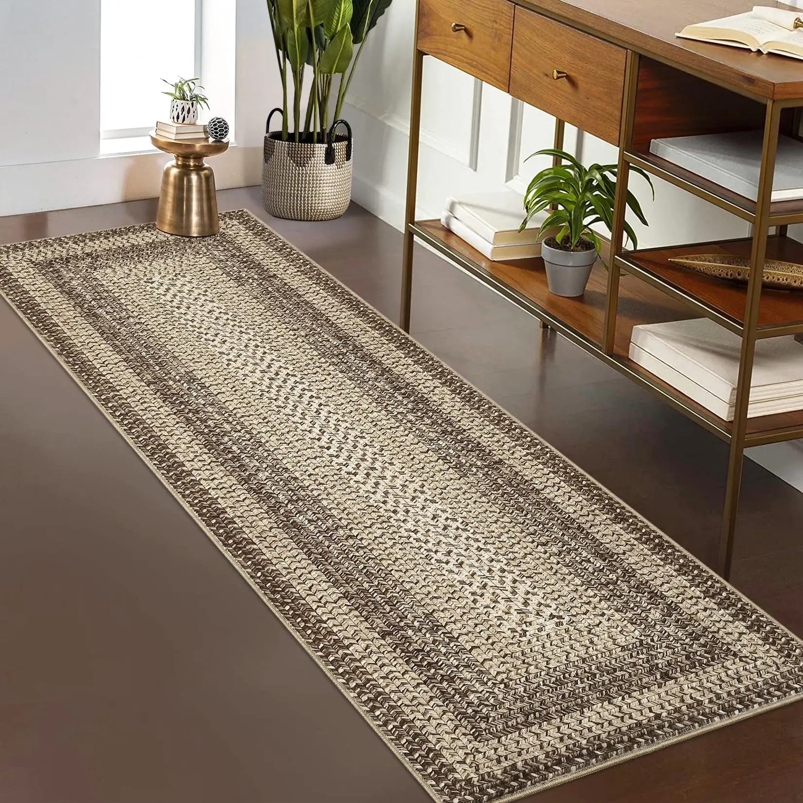 Garvee Washable Runner Rug for Kitchen 2x6 Non-Slip Non-Shedding Bordered Carpet, Low Pile Stain-Resistant Carpet, Washable Modern Braided Print Accent Rug for Bedroom Hallway Entryway, Natural