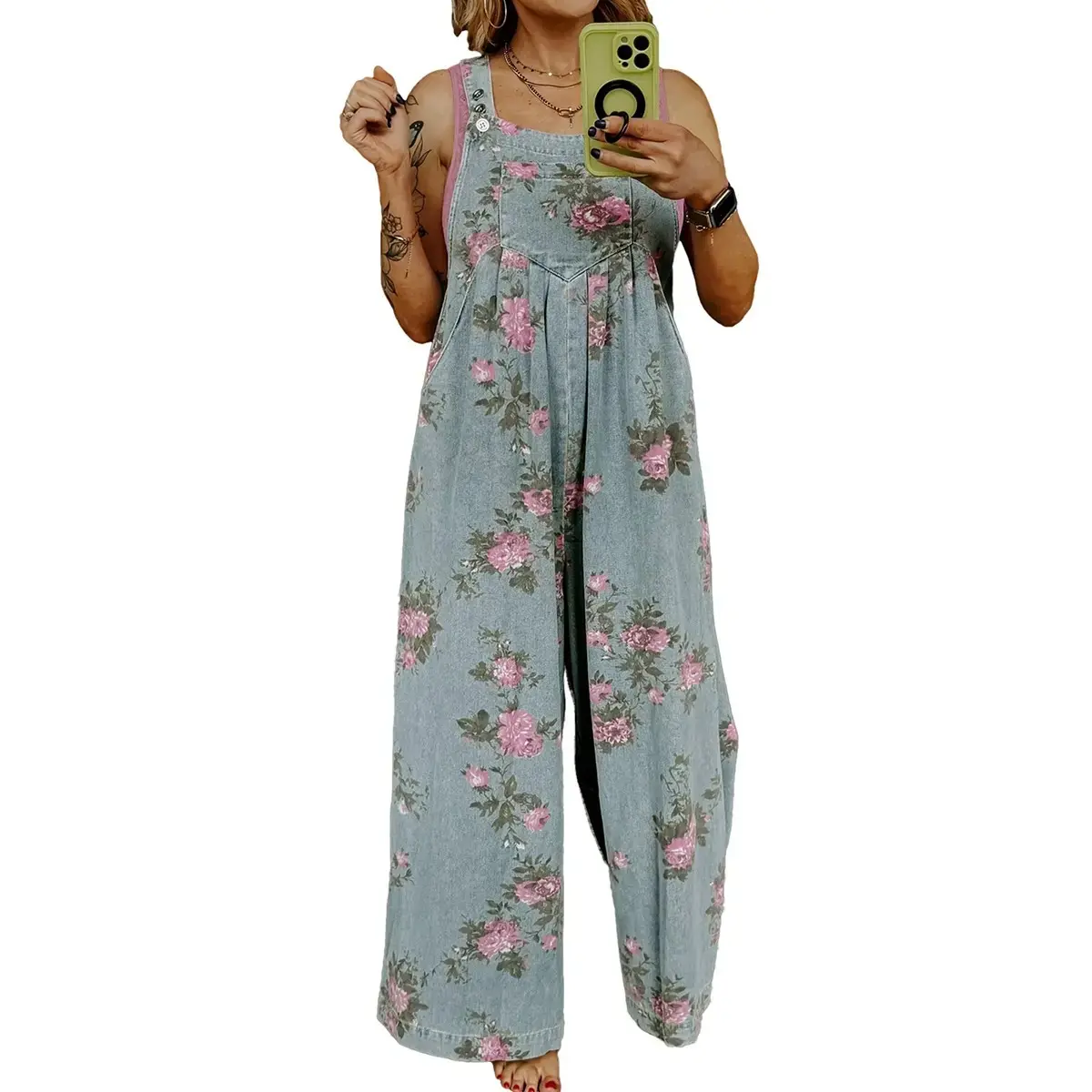 Mntaor Women's Trendy High Waist Wide Leg Denim Jumpsuit Beau Blue Floral Print Pleated Detail Comfortable Stretch Instant Outfit for Vacations Date Nights Work From Home Womenswear Overalls