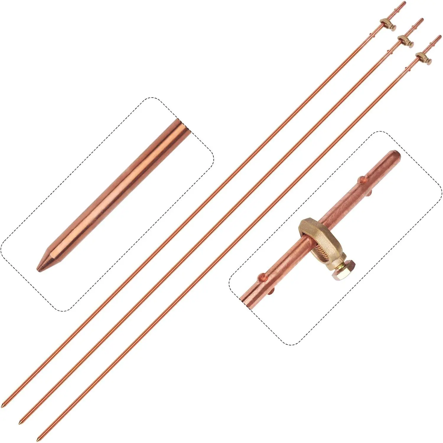 3 Pack 4Ft 3/8'' Copper Grounding Rod Kit with Clamp for Electric Fences Satellite Dishes Generator Grounding Earthing
