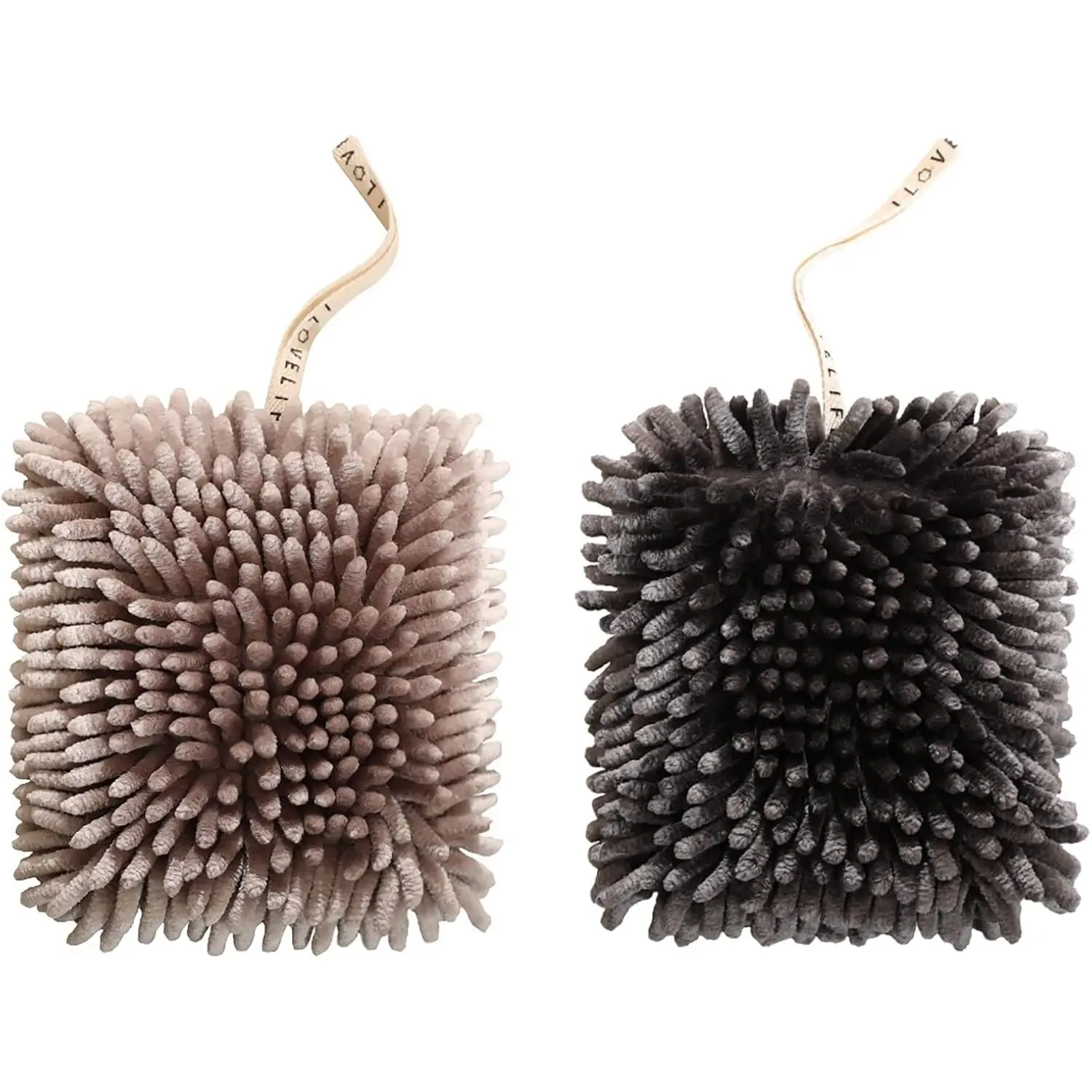 2 Pack Chenille  Hand Towel Balls Super Absorbent Microfiber Hand Towels Chenille Ball Soft Plush Quick-Drying Hand Towels with  Loops for Bathroom Kitchen (Brown+Grey)
