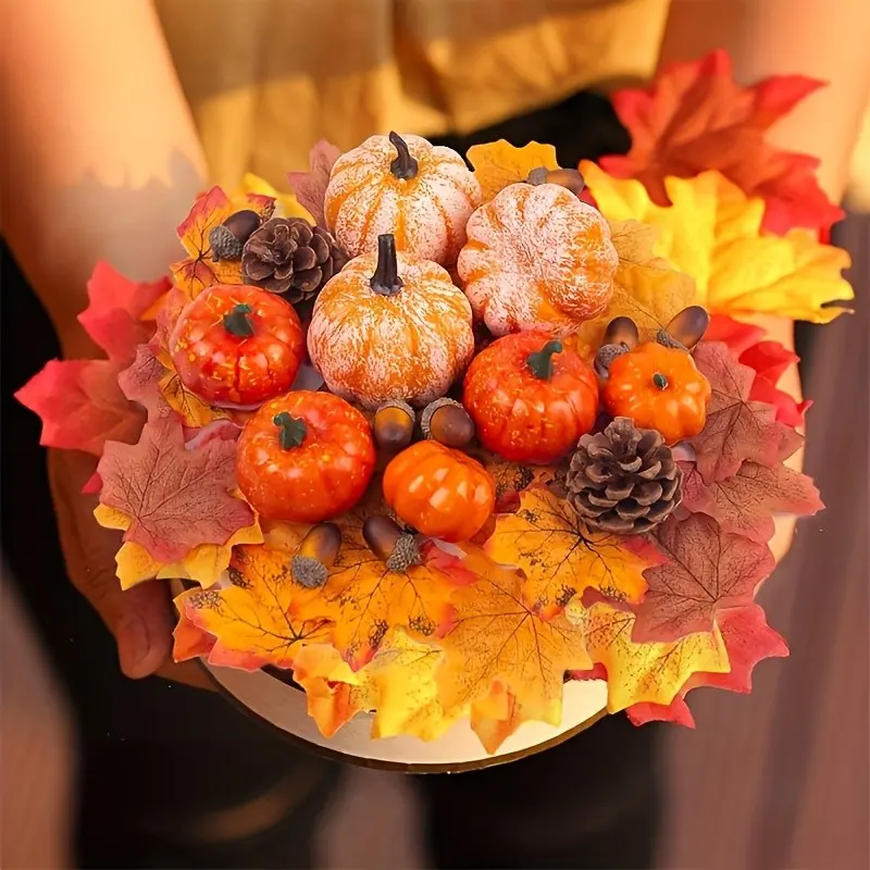 8PCS/86PCS, Autumn and Halloween Decoration Set, Artificial Pumpkin, Gourd, Acorn, Maple Leaf - Classic Style Foam Collection Statue for Harvest Centerpiece Decoration, Home Decor, Thanksgiving
