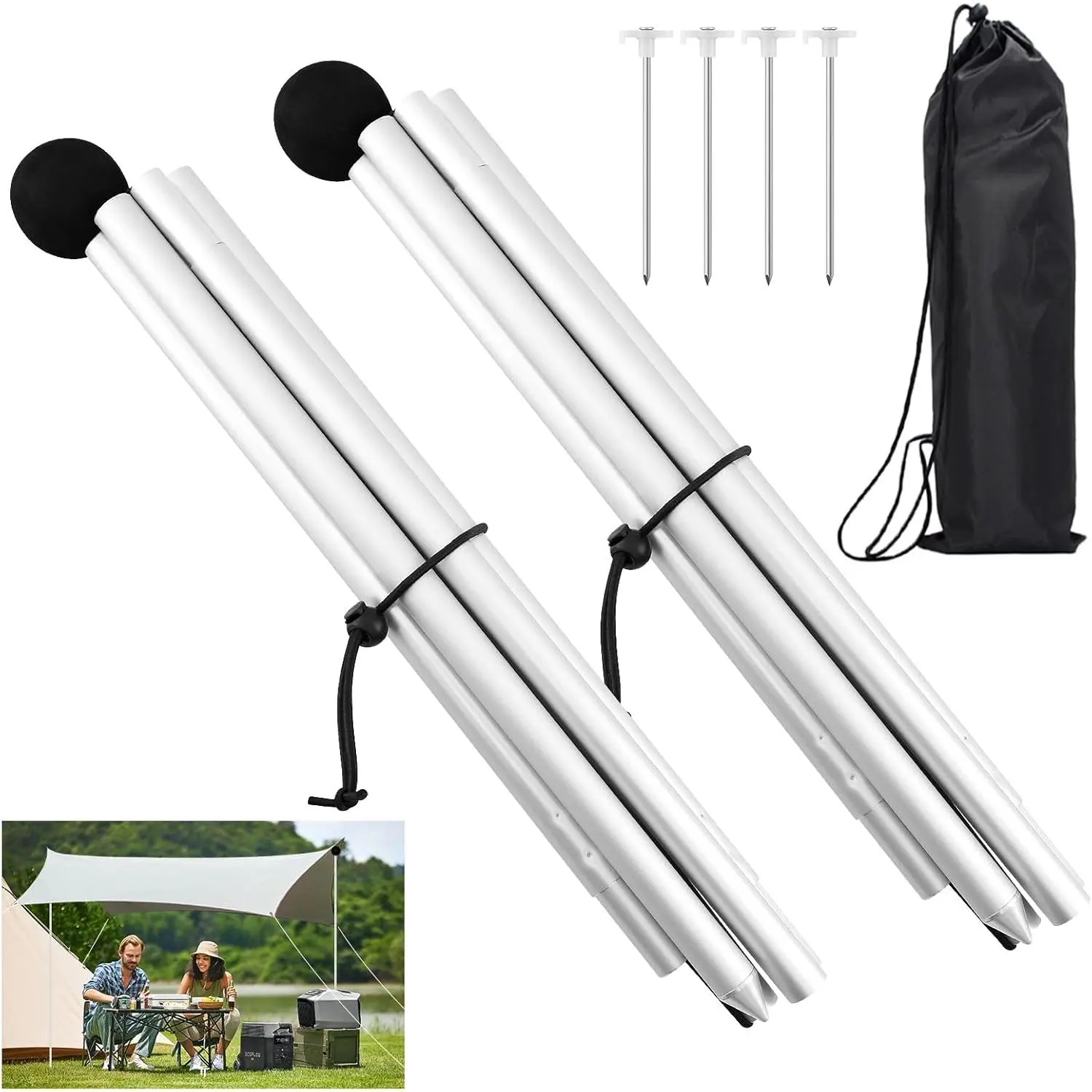 Beach Tent Poles Replacement - Awning Poles with Ground Stakes for Tarp Canopy, Aluminum Alloy Tarp Poles for Camping, Parties, Fishing, and Hiking,