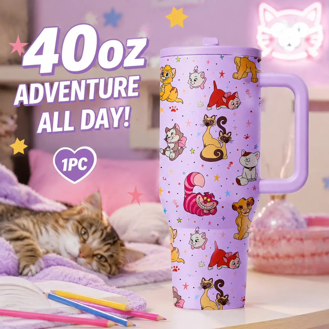 1 PC 40oz Cute Cartoon Cat Insulated Tumbler with Handle & Lid, Double Wall Stainless Steel Travel Mug, Leakproof Spill-Proof Design, Keeps Drinks Cold 24H & Hot 12H, Reusable Large Capacity Coffee Cup, Fits Car Cup Holder, Perfect for Travel, Office, Sch