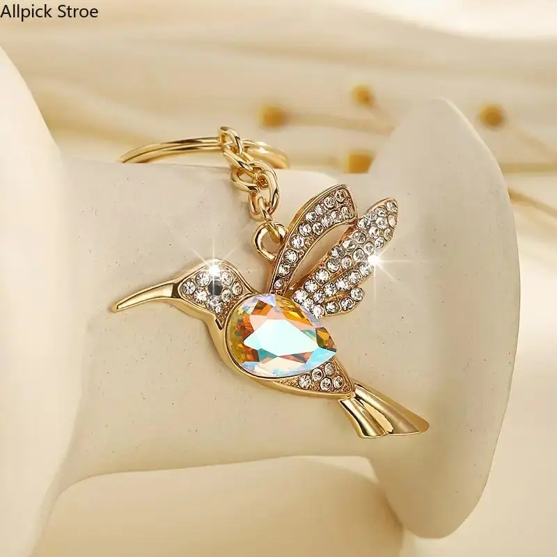 Women's Bag Charm Mini Hummingbird Keychain, Cute Alloy Pendant with Crystal Rhinestone Accents, Bird-Themed Accessory with Split Ring