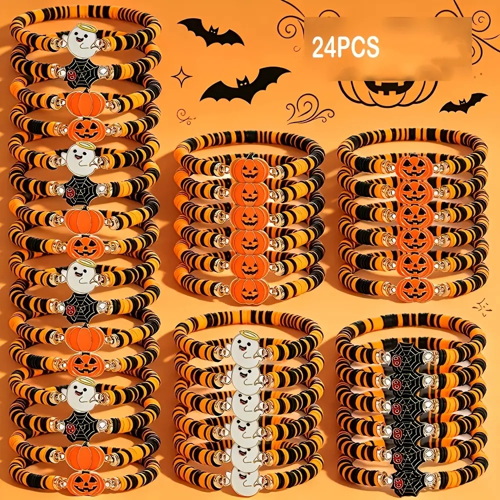 24Pcs Bulk Halloween Charm Bracelets - Casual Unisex Stretchy Beads Bracelets with Random Pumpkin Skull Spider Charms, Fall Holiday Party Favors Costume Accessories Gifts, Halloween Charms