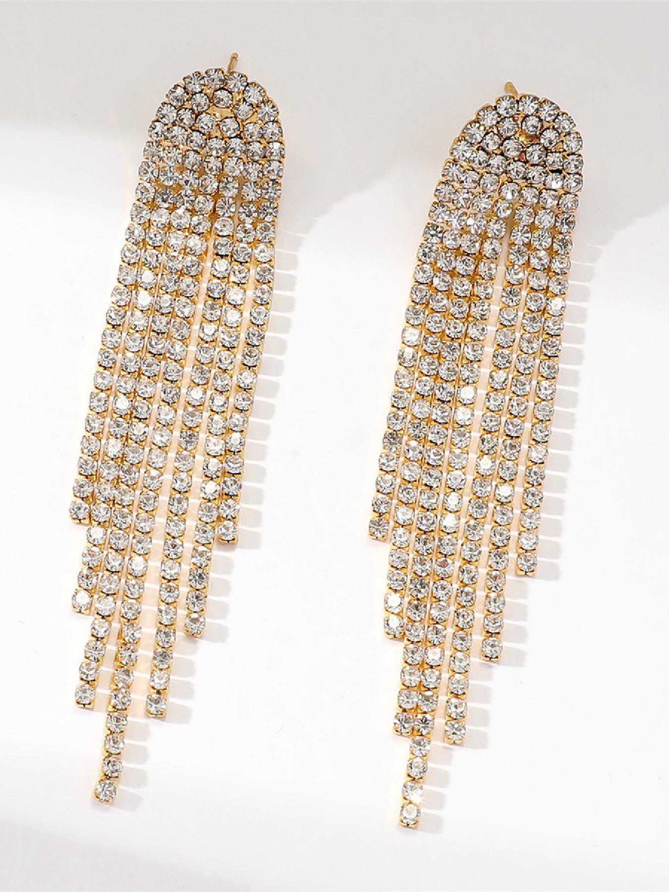 Rhinestone Decorated Earrings, Statement Earrings, Fashionable Long Tassel Earrings for Party, Daily Clothing Decor, Trendy All-match & Exquisite Jewelry for Birthday Gift