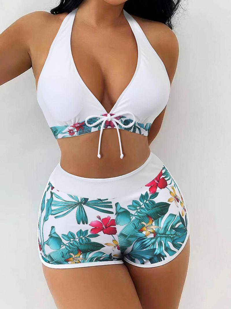 Women’s Tropical Print Tie Front Tankini Set – Two-Piece Halter Swim Top & Shorts for Summer Beach & Vacation Drawstring Bathing Suits